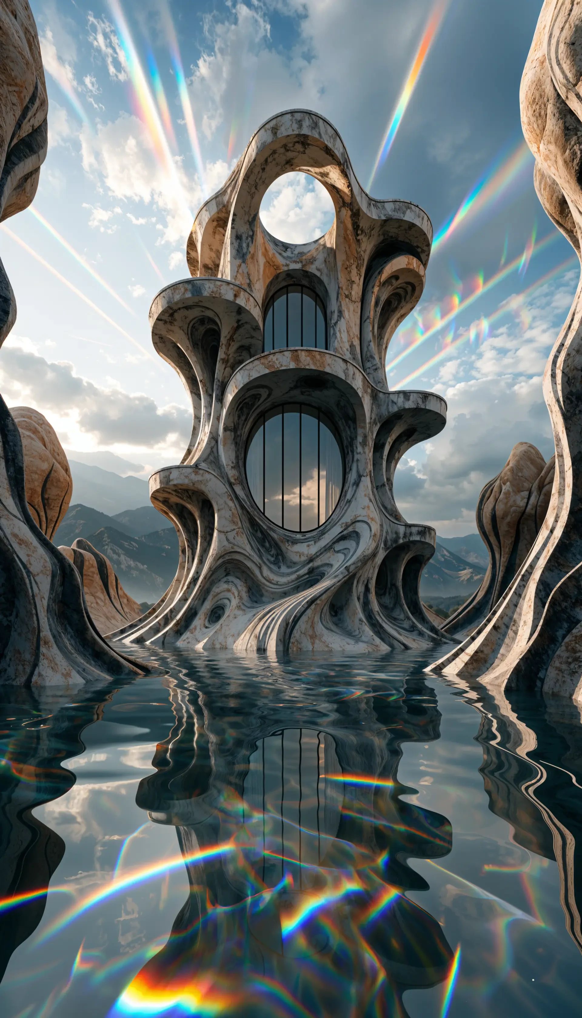 Futuristic sculptural architecture rising from reflective water beneath a radiant sky, vertical iPhone wallpaper