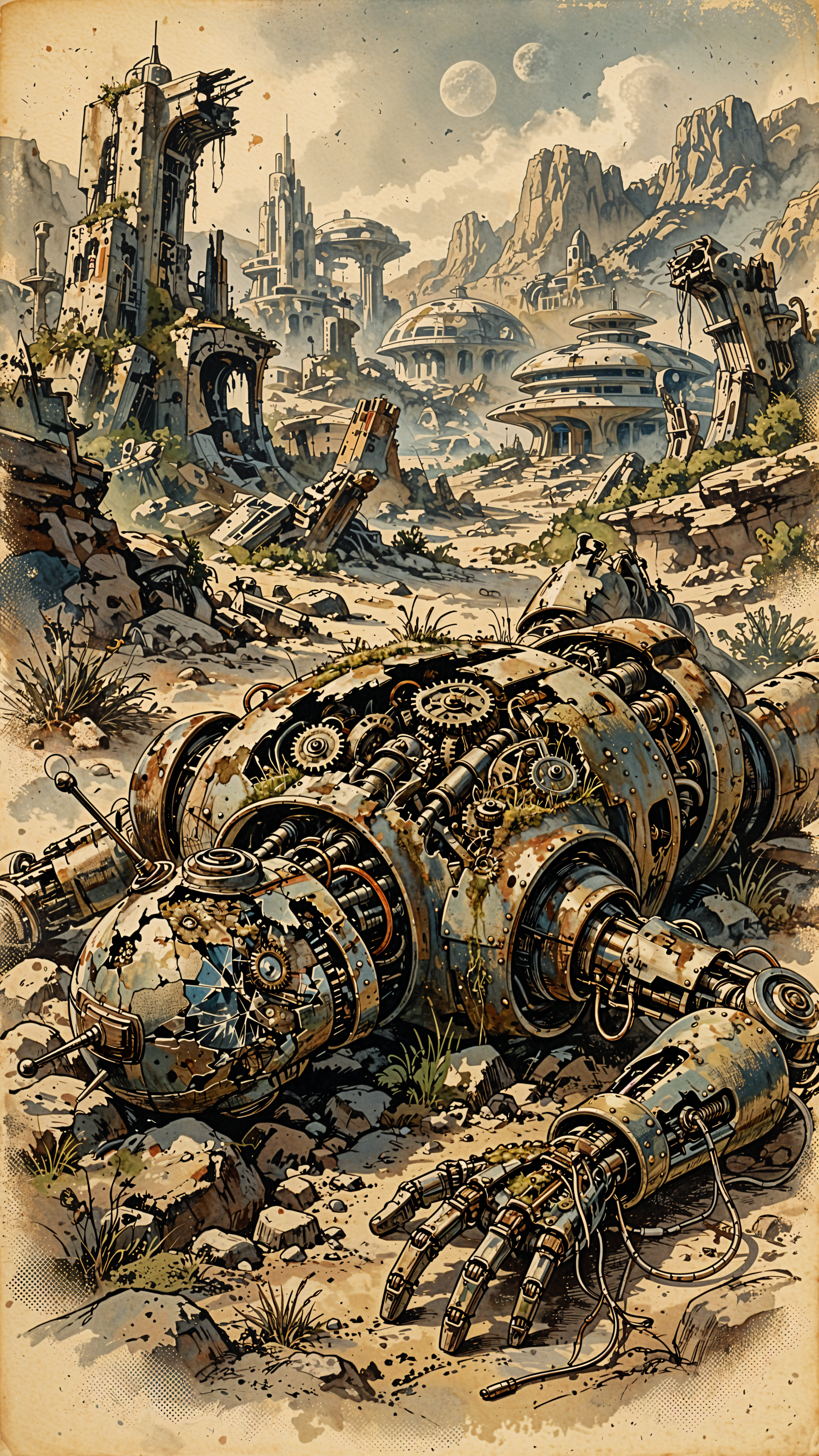 Science fiction iPhone wallpaper of a dismantled robot in a desert wasteland, surrounded by ruined futuristic towers and abandoned cities.