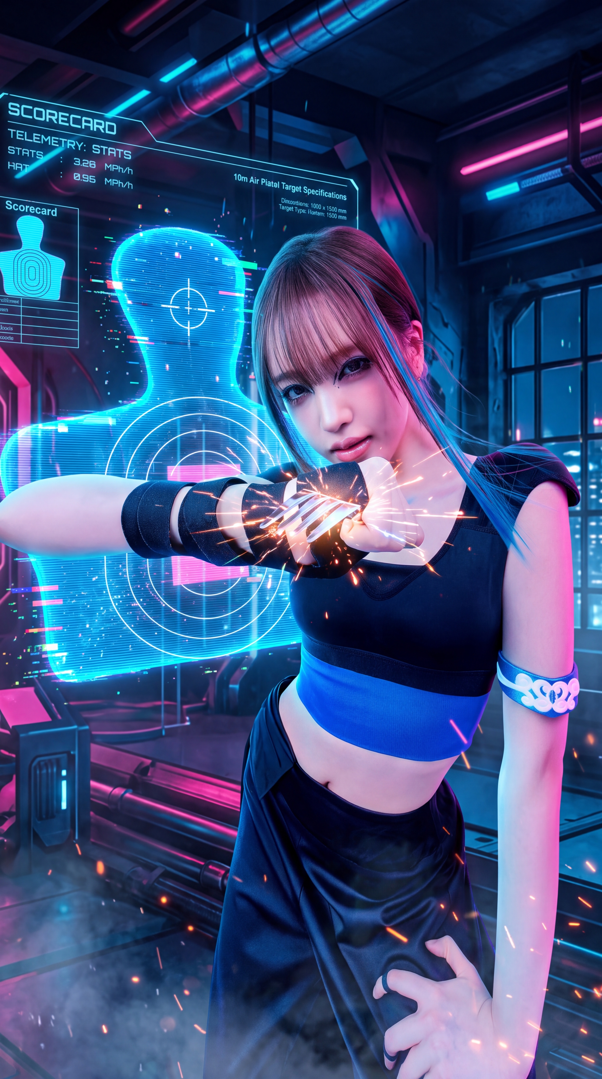IVE’s Liz in a cyberpunk training scene from “Looks Can Kill,” featuring neon holograms and a futuristic arena, iPhone wallpaper.