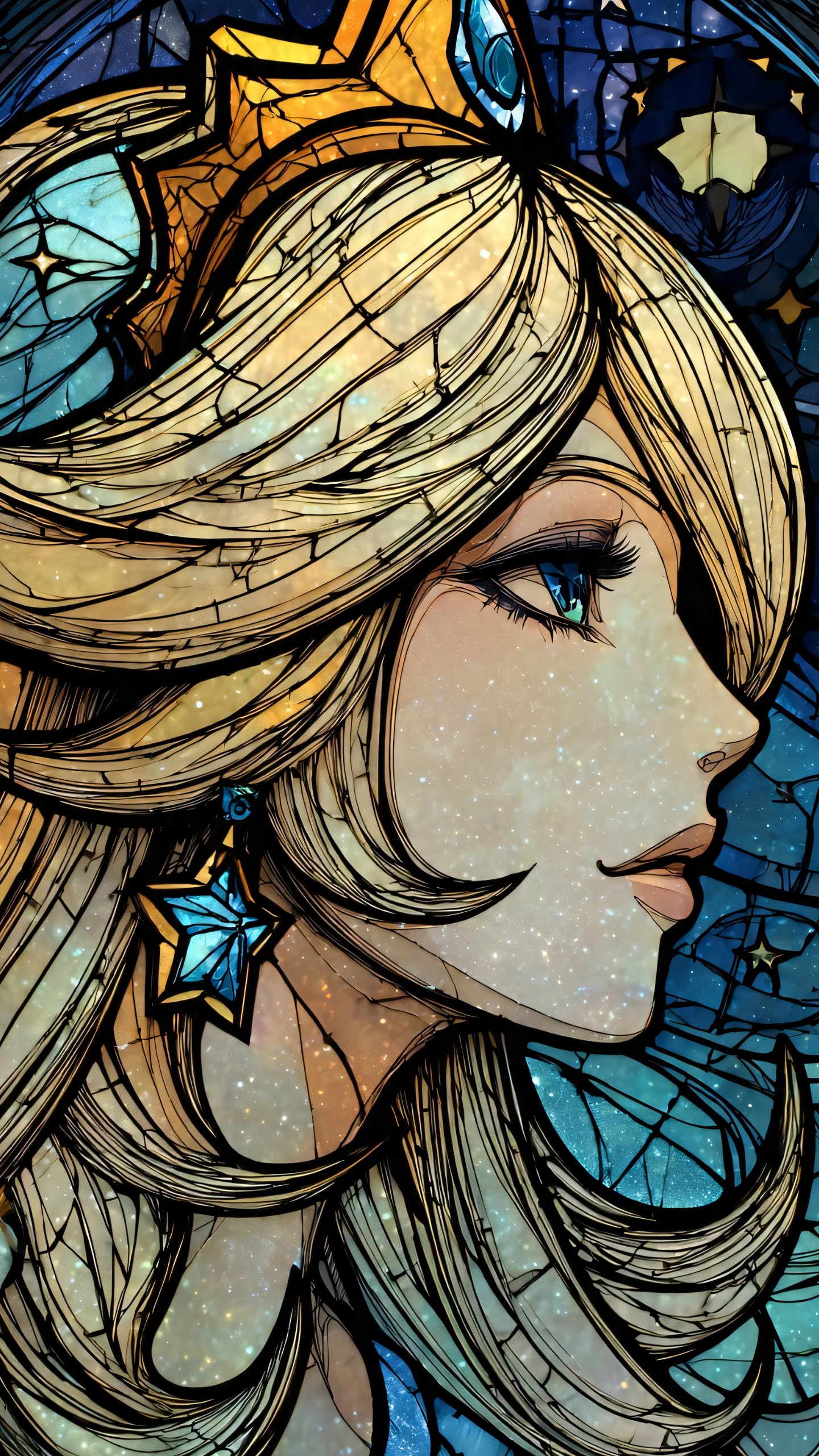 Rosalina from Super Mario Galaxy in a stained-glass-style profile portrait, featured on a cosmic iPhone wallpaper.