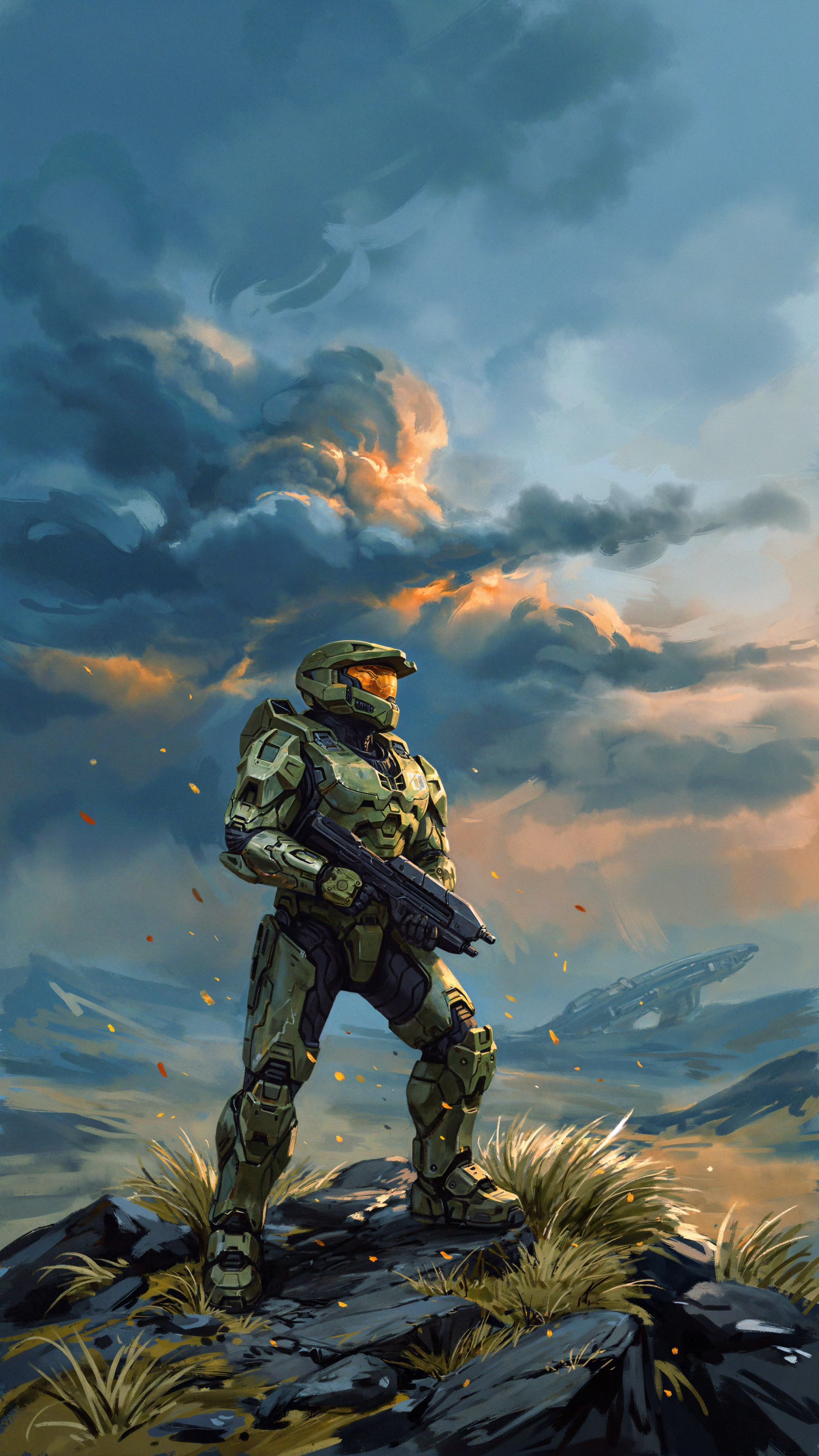 Master Chief in green armor stands with a rifle beneath dramatic clouds in this Halo soldier video game iPhone wallpaper.