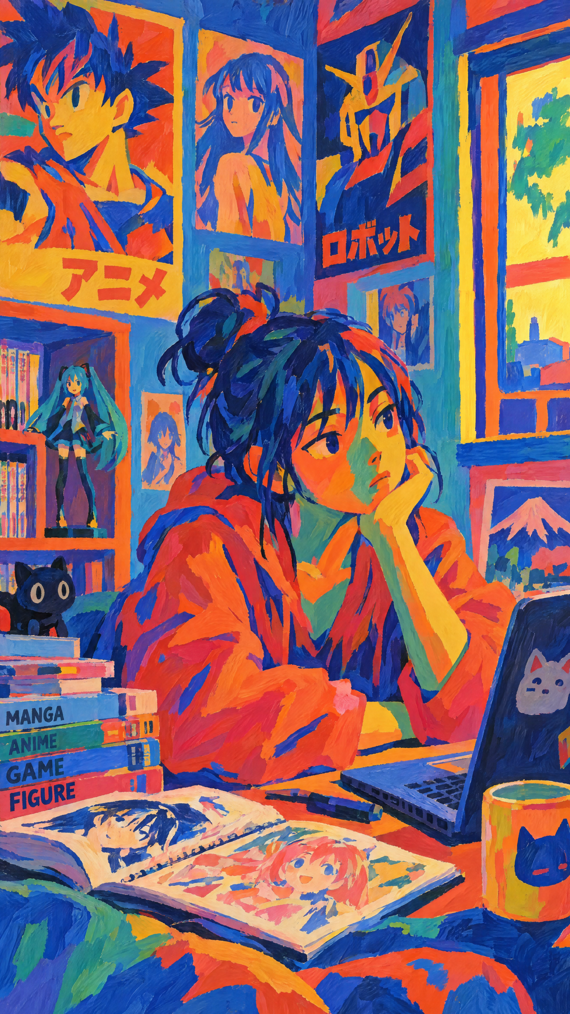 Colorful anime phone wallpaper of an otaku girl using a laptop in a manga-filled room with posters, figures, and anime art.