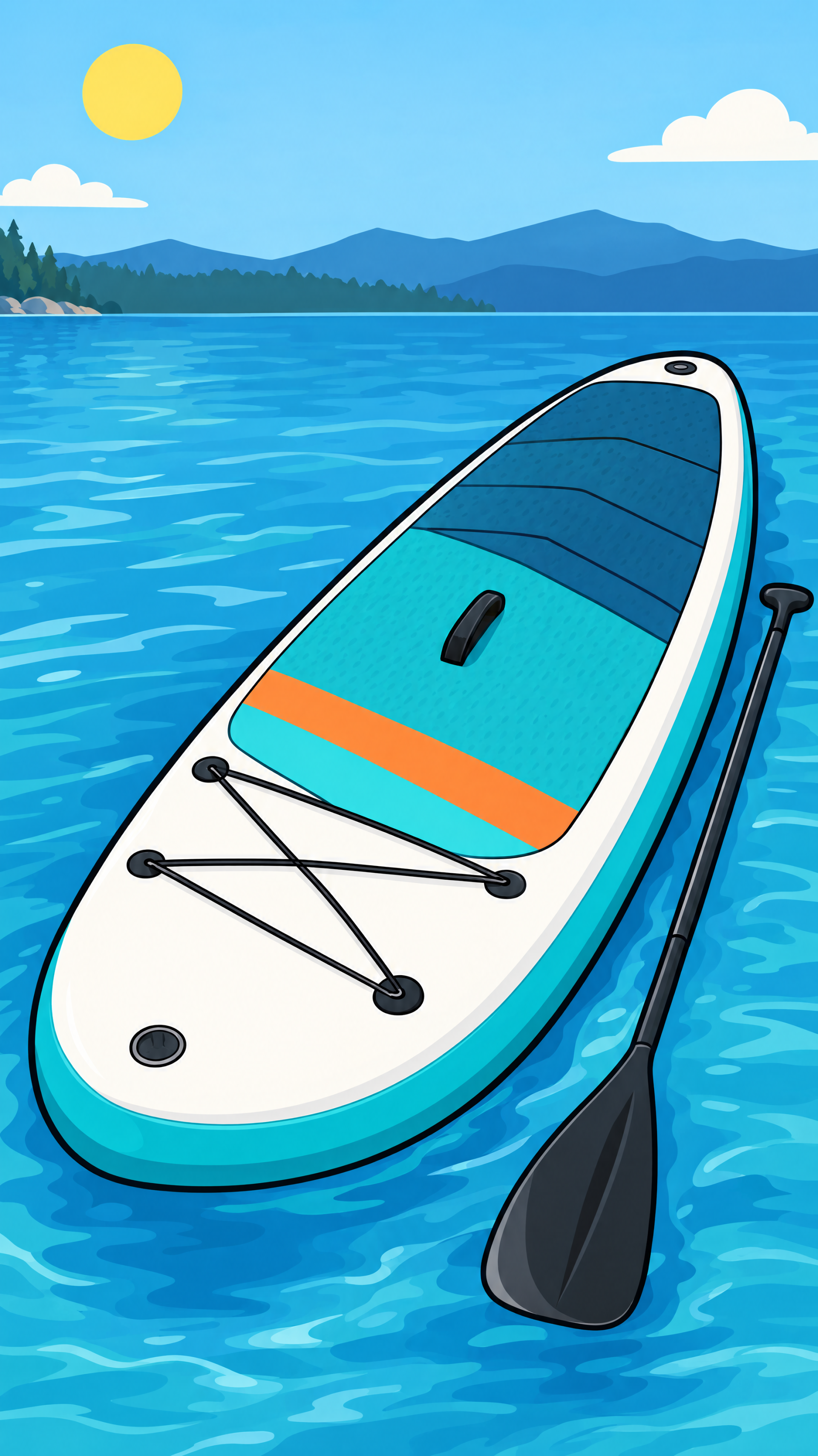 Colorful paddleboard and paddle floating on a blue lake beneath a sunny sky, illustrated as an iPhone wallpaper.