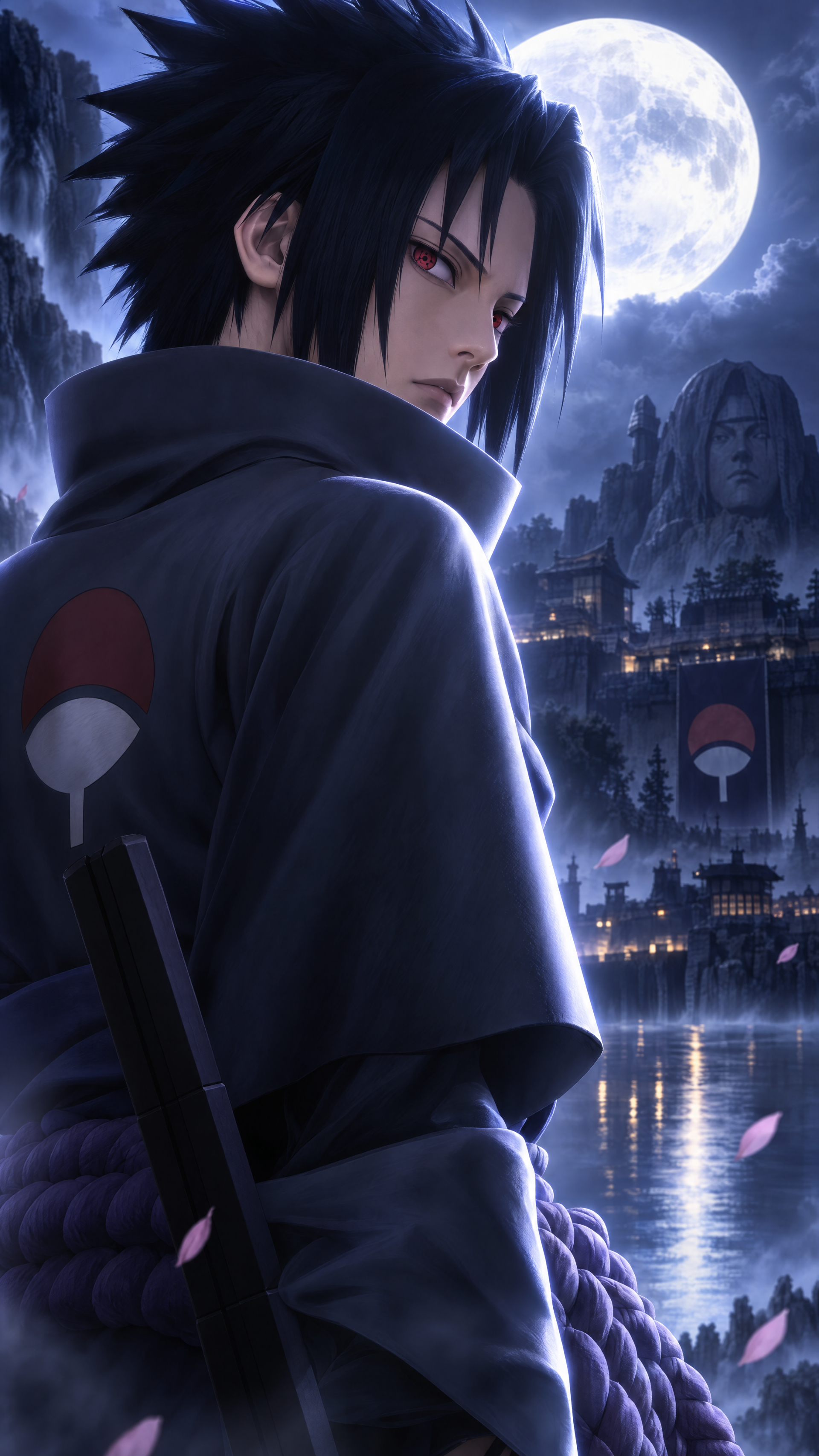 Sasuke Uchiha under a full moon overlooking the Hidden Leaf Village in a dramatic Naruto anime iPhone wallpaper.