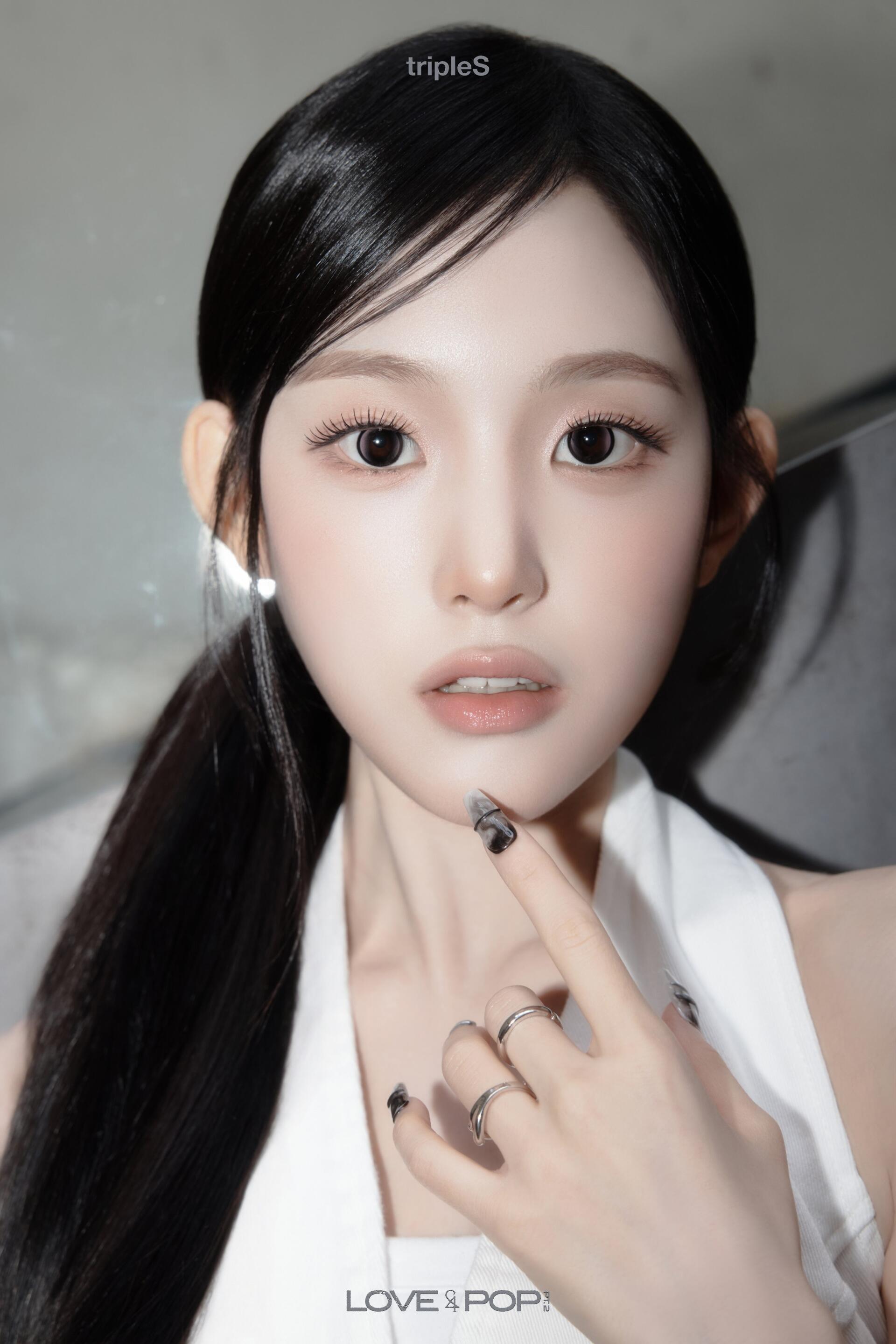 tripleS JiYeon Andless portrait phone wallpaper, close-up of a woman with long dark hair and a white outfit
