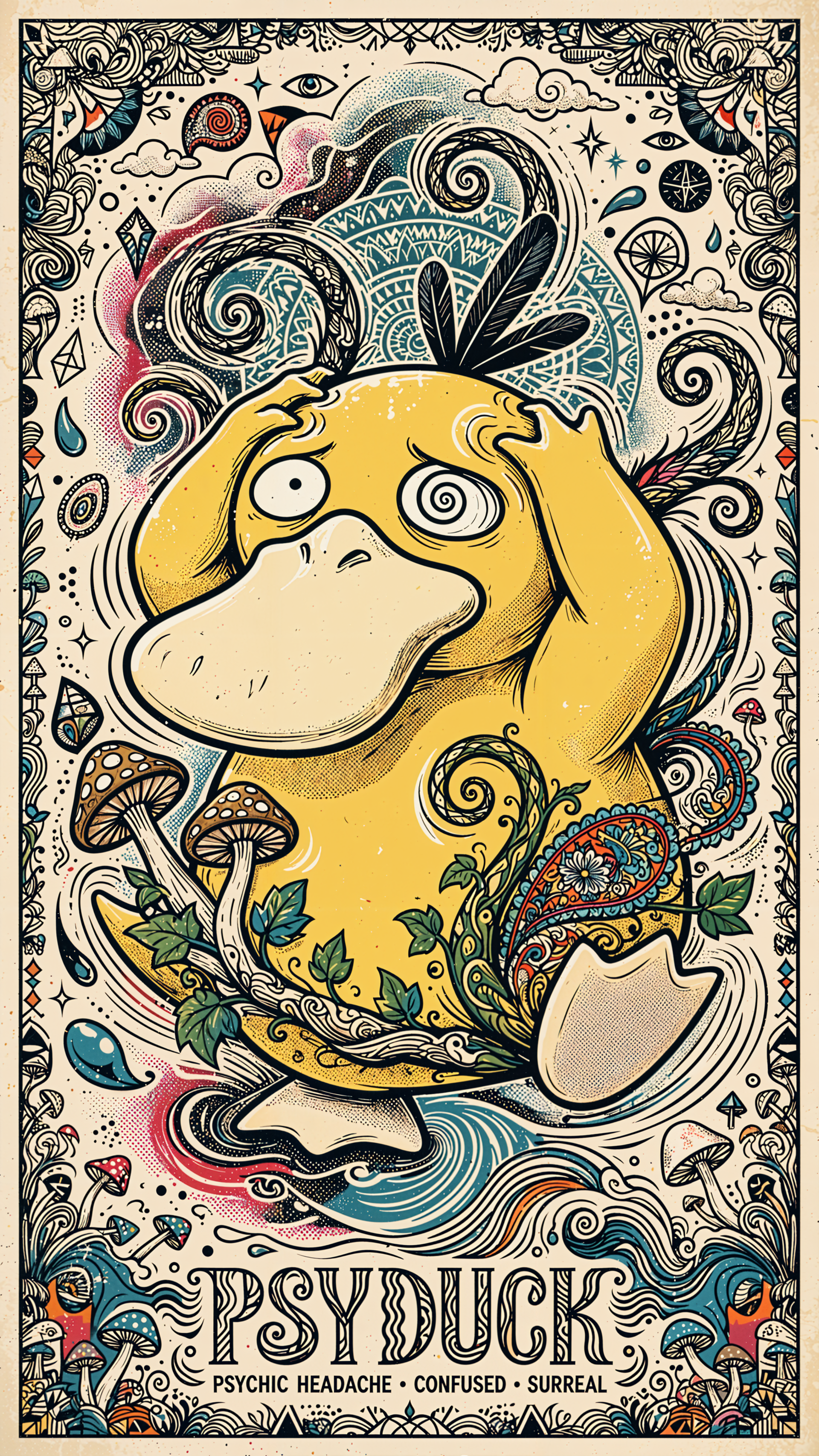 Psychedelic Psyduck Pokémon iPhone wallpaper with intricate swirling patterns, mushrooms, and ornate vintage artwork.