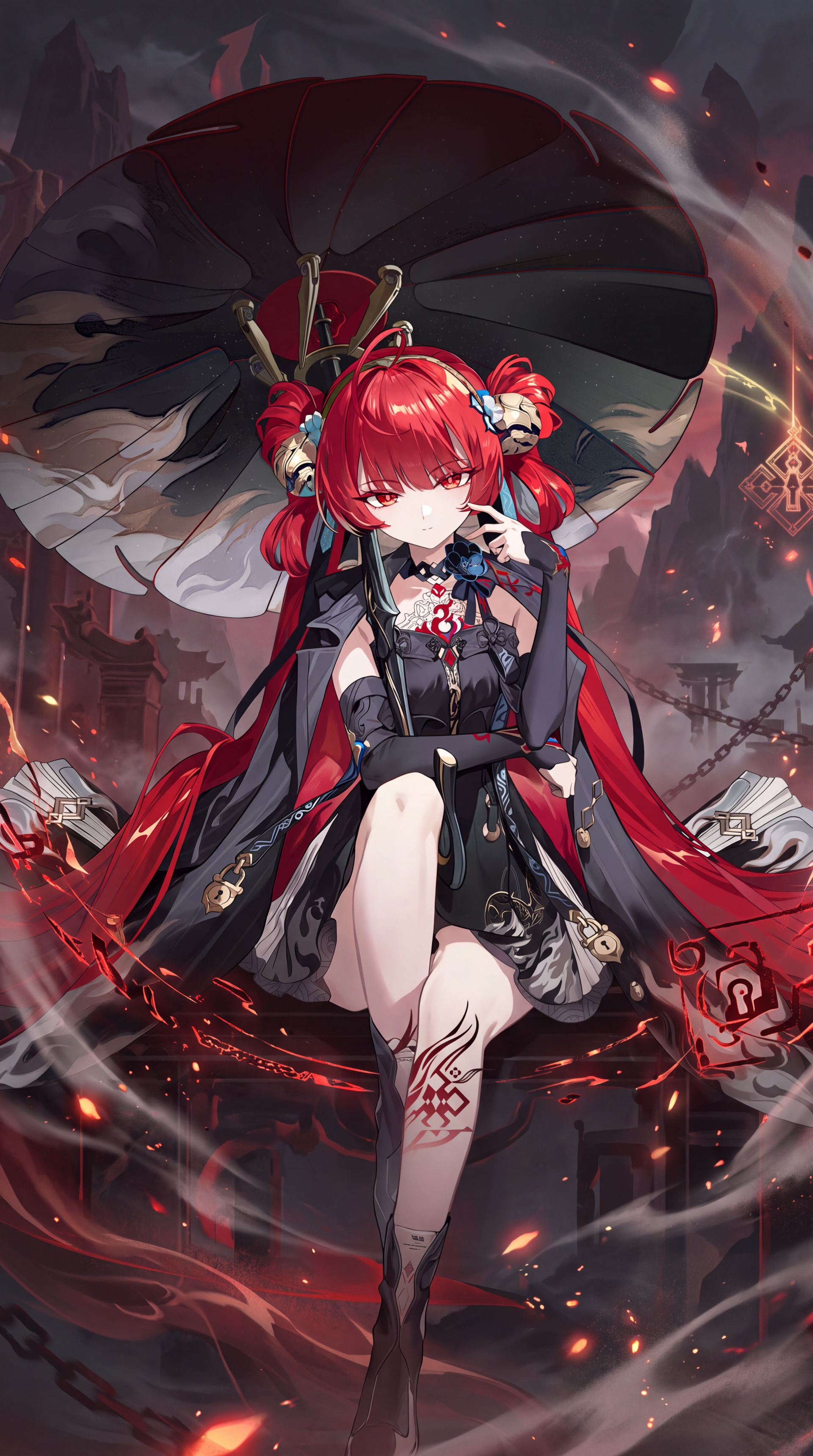 Suoming from Wuthering Waves, a red-haired anime girl holding a black umbrella in a dramatic iPhone wallpaper.