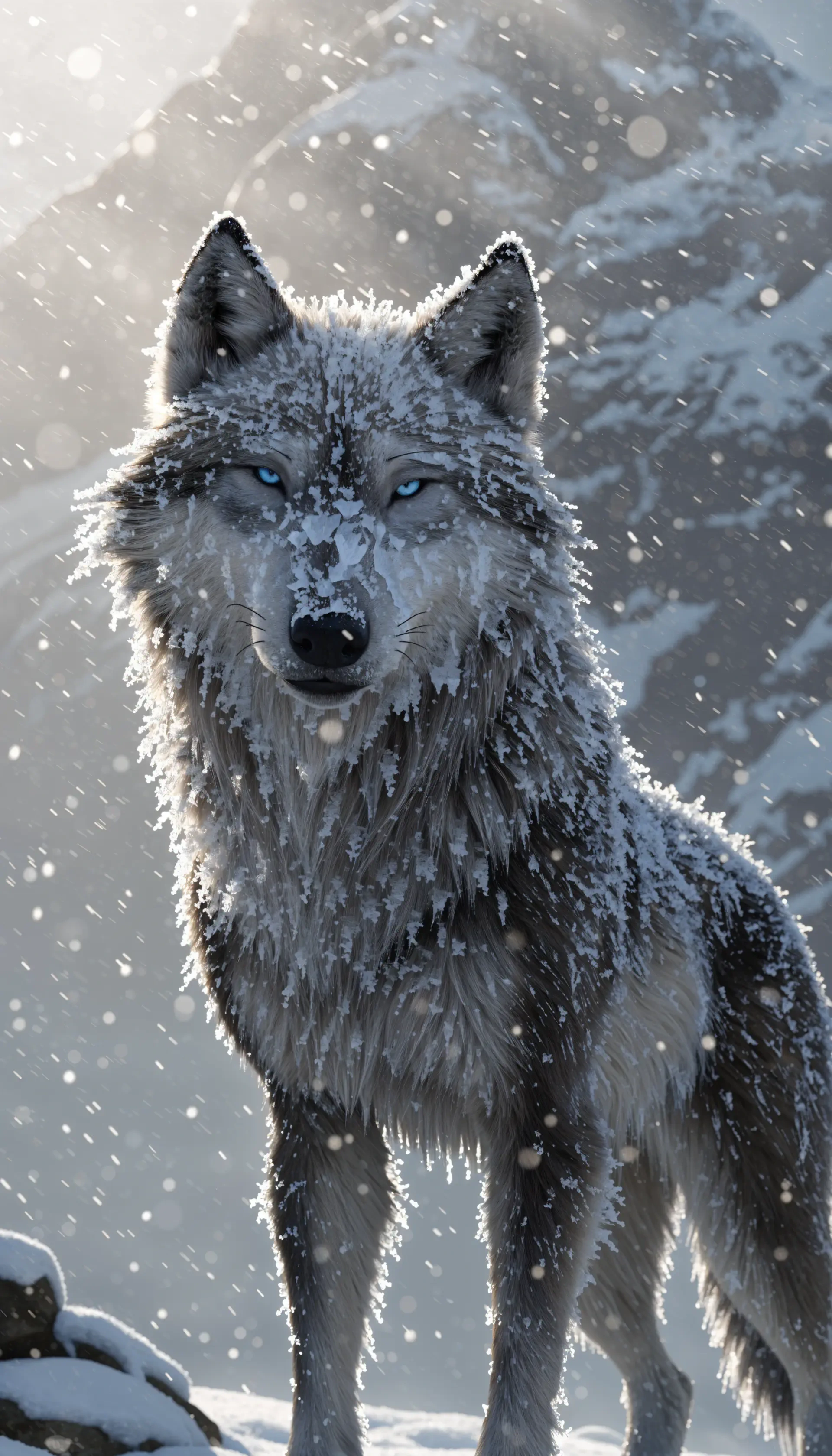 Snow-covered gray wolf standing in falling snow, a dramatic winter iPhone wallpaper.