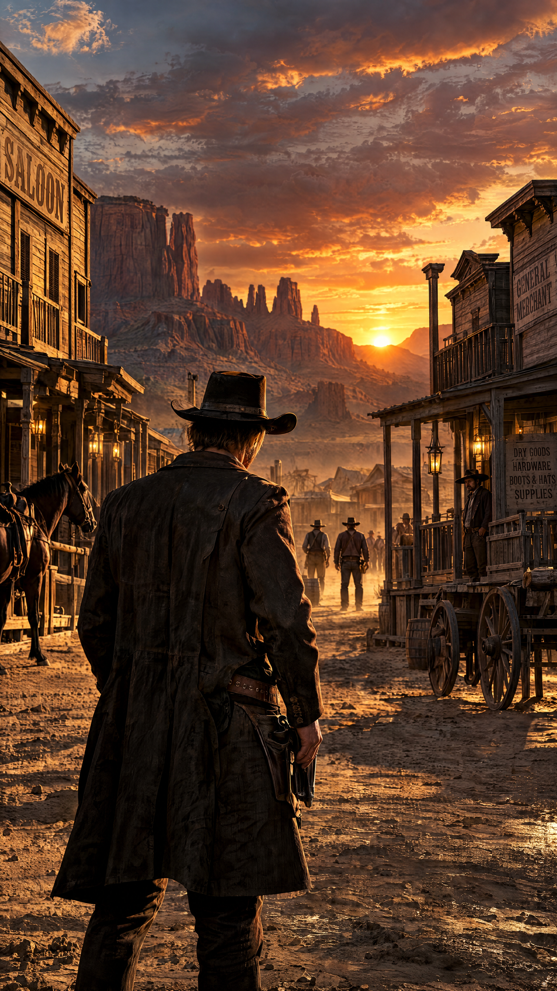 Cowboy faces a sunset over a dusty Wild West town, with wooden saloons and rugged canyon cliffs—a cinematic iPhone wallpaper.