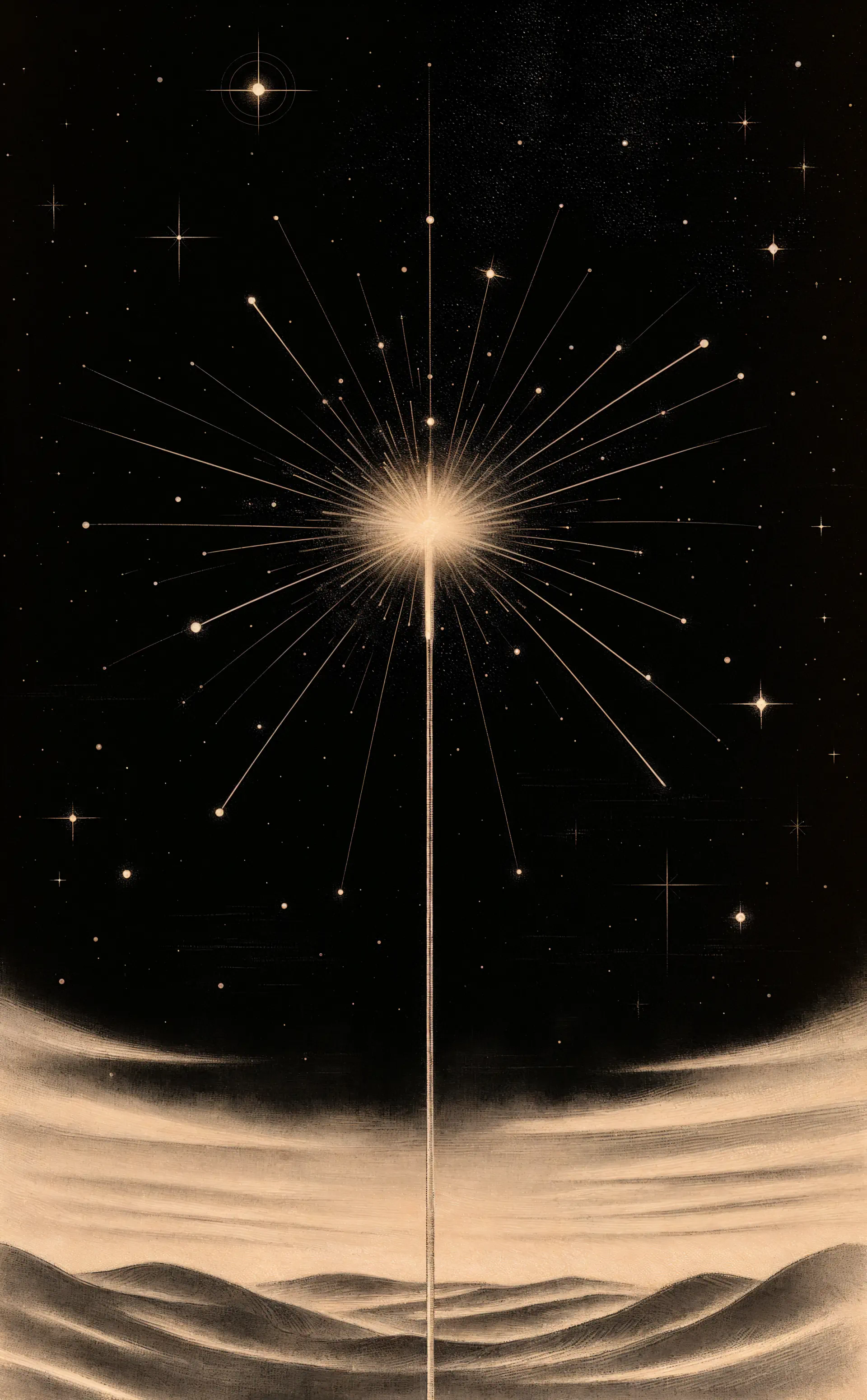 Golden sparkler starburst lights a desert night sky above rolling dunes, a striking iPhone wallpaper.