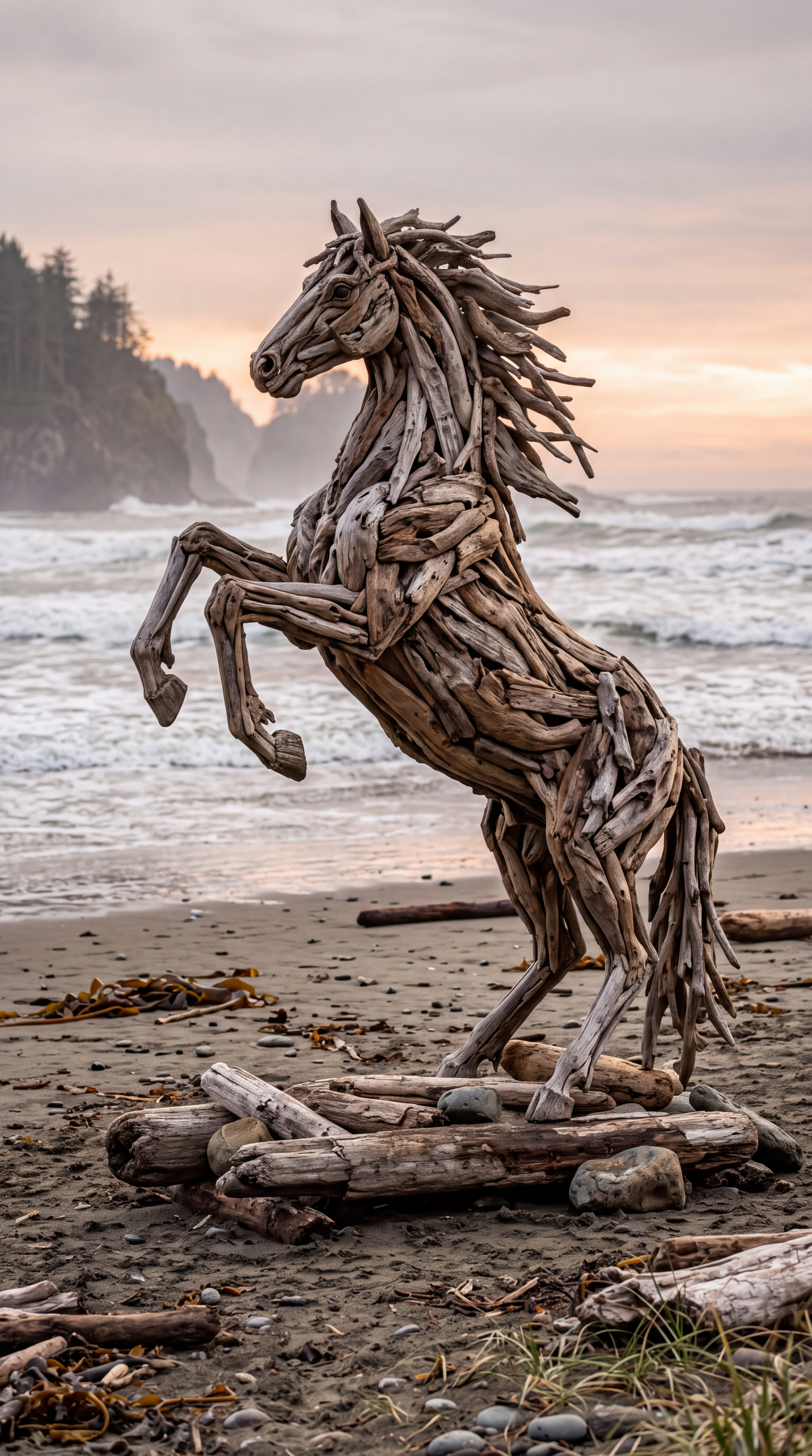 Driftwood horse sculpture rearing on a beach at sunset, a striking iPhone wallpaper.