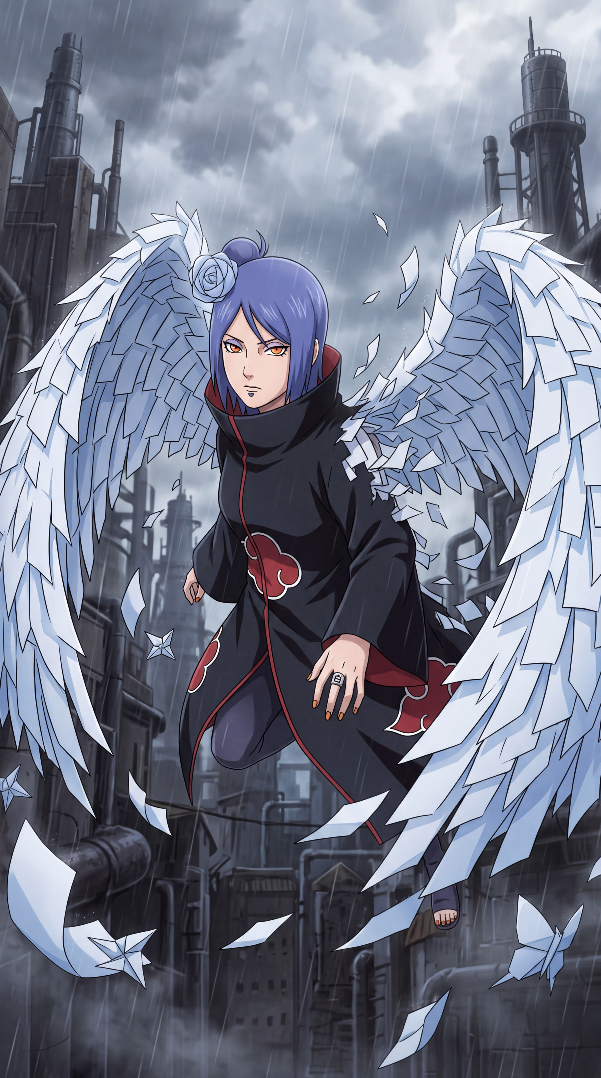 Konan with giant paper wings in a stormy industrial city, Naruto anime iPhone wallpaper