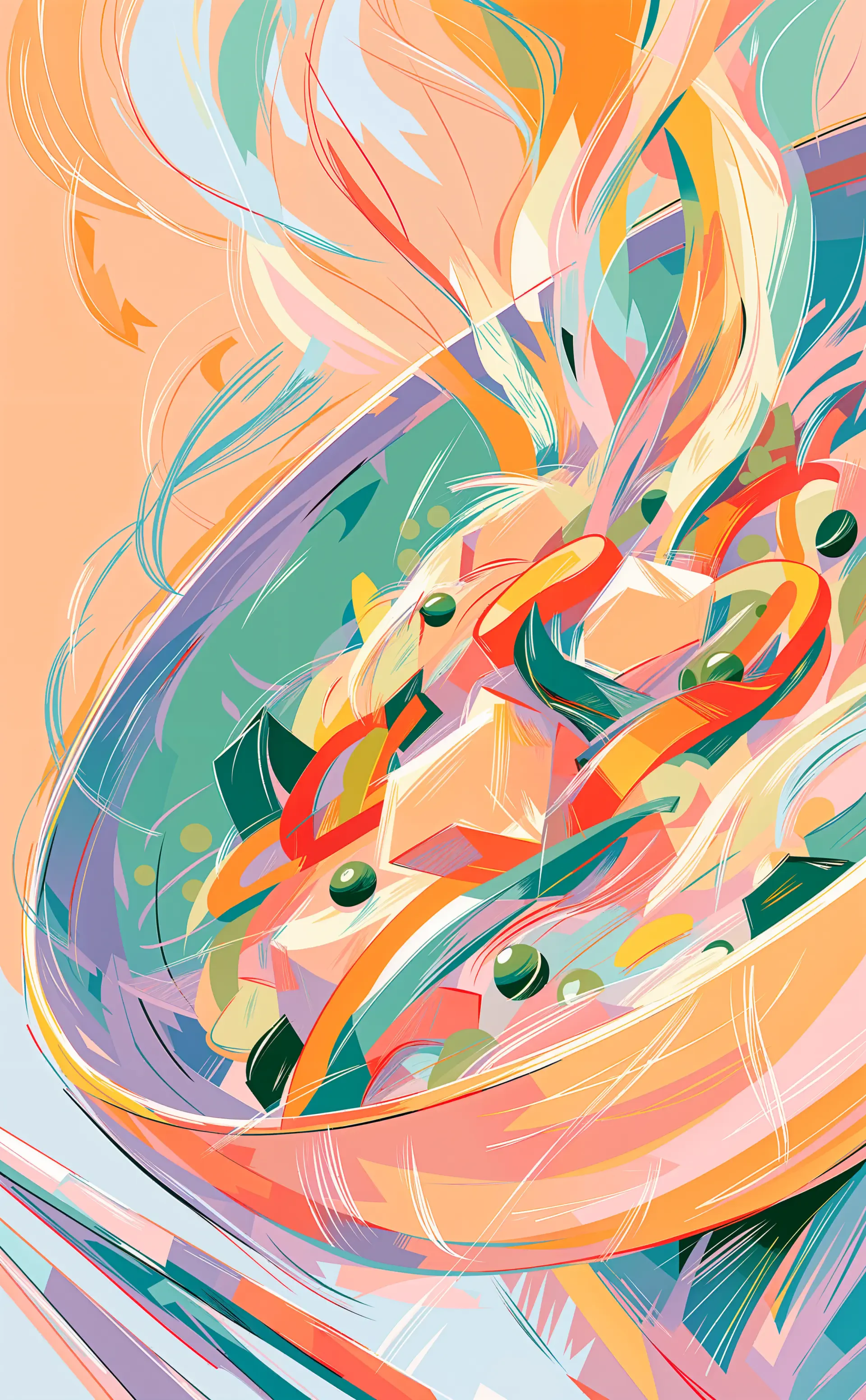 Abstract shrimp stir-fry illustration in vibrant colors, designed as a vertical iPhone wallpaper.