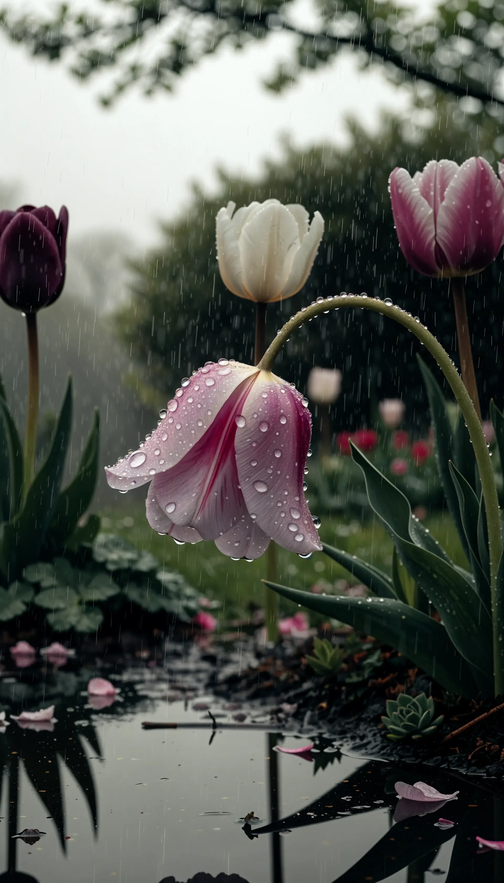 Rain-soaked spring tulips with glistening petals reflected in a garden pool, framed as an iPhone wallpaper.