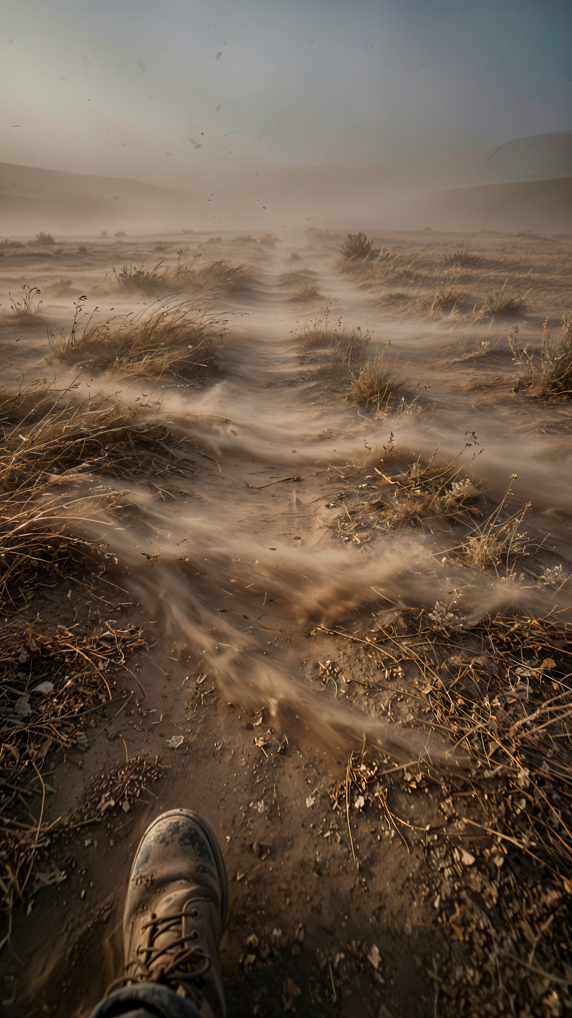 POV of a boot in a windswept desert dust storm, with sand blowing across the ground—vertical iPhone wallpaper.