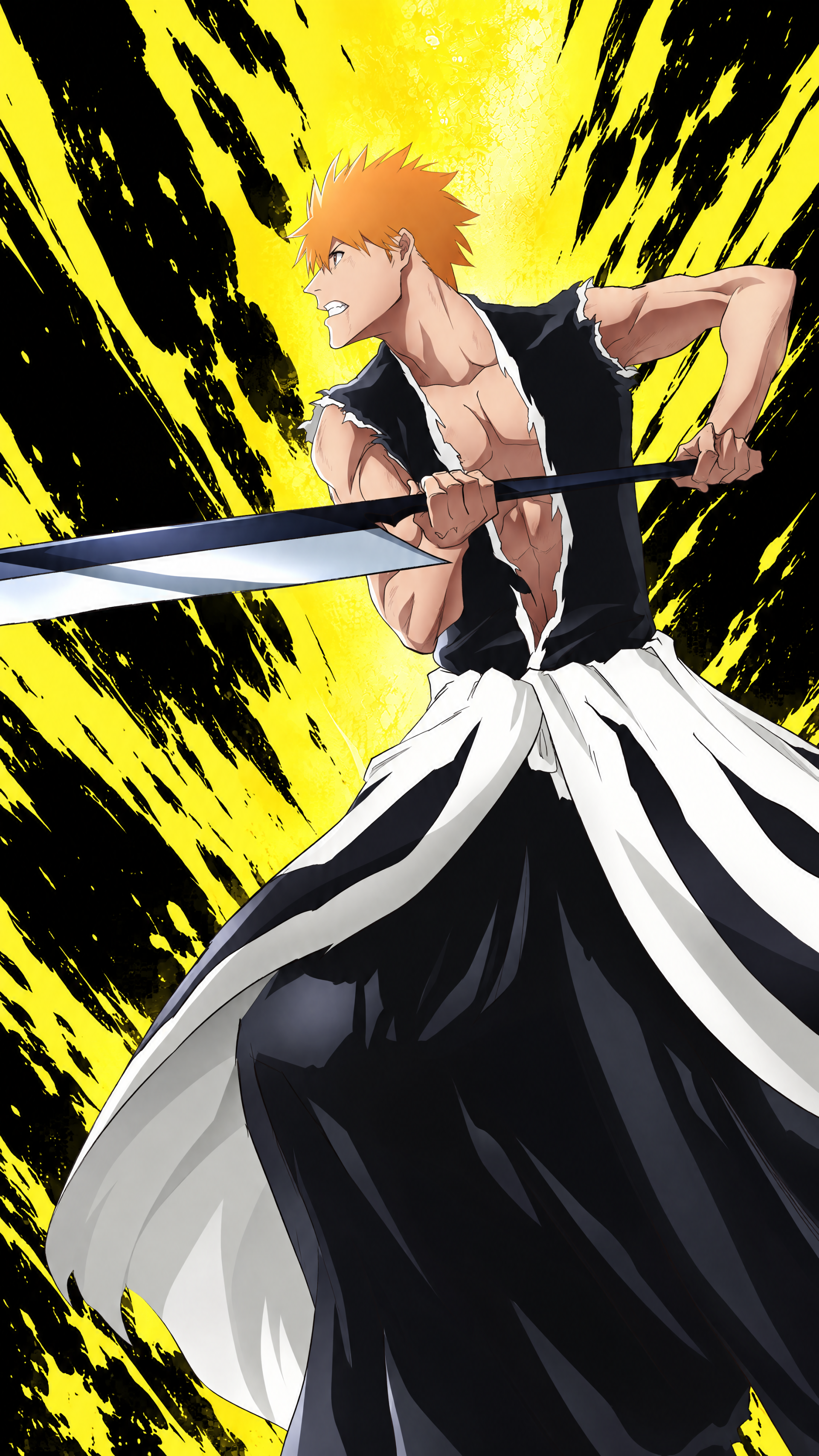 Ichigo Kurosaki wielding his sword against a vivid yellow and black backdrop in Bleach: Thousand-Year Blood War iPhone wallpaper.