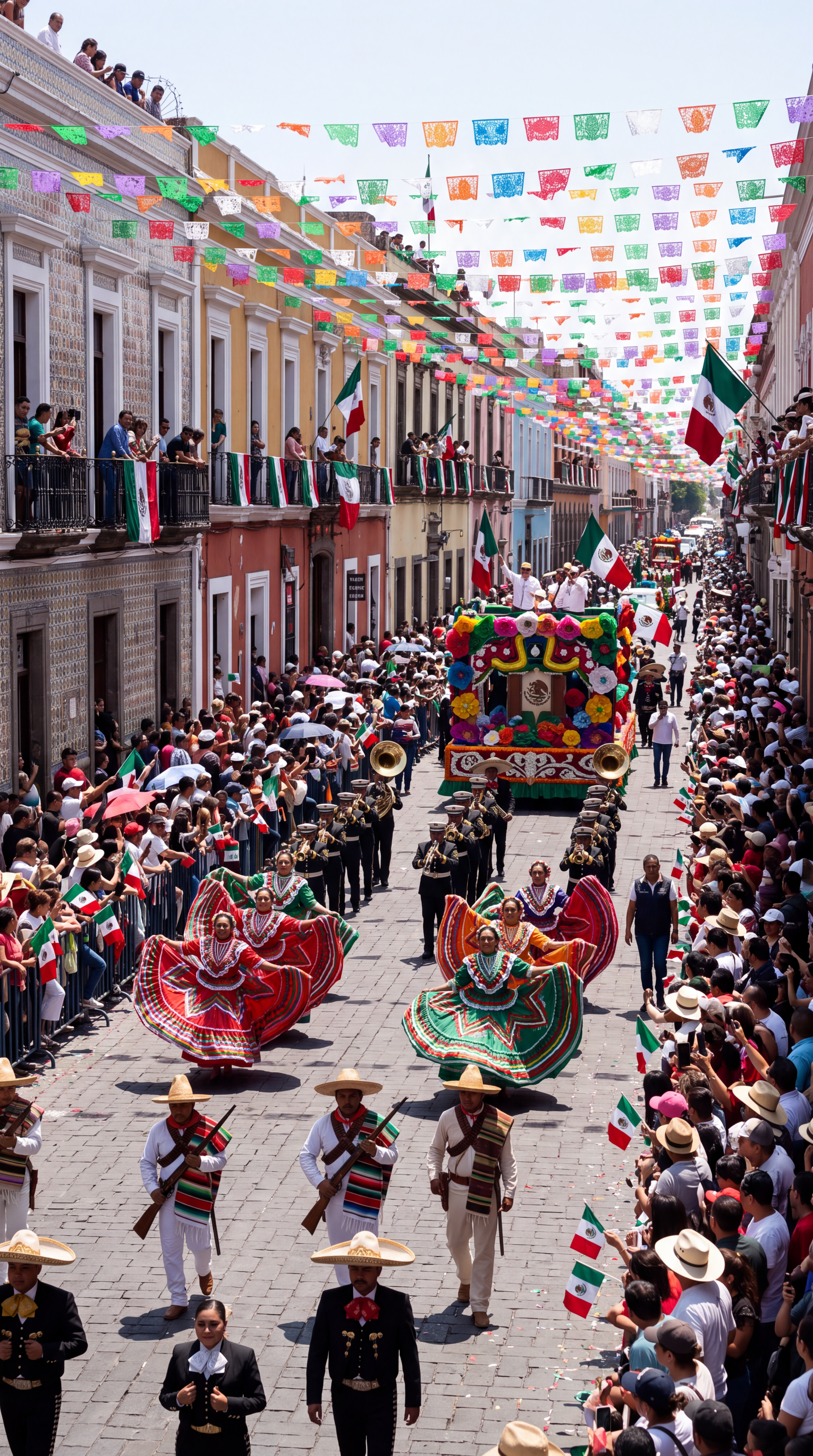 Cinco de Mayo parade in Mexico with folk dancers, a festive float, and cheering crowds beneath colorful banners—iPhone wallpaper.