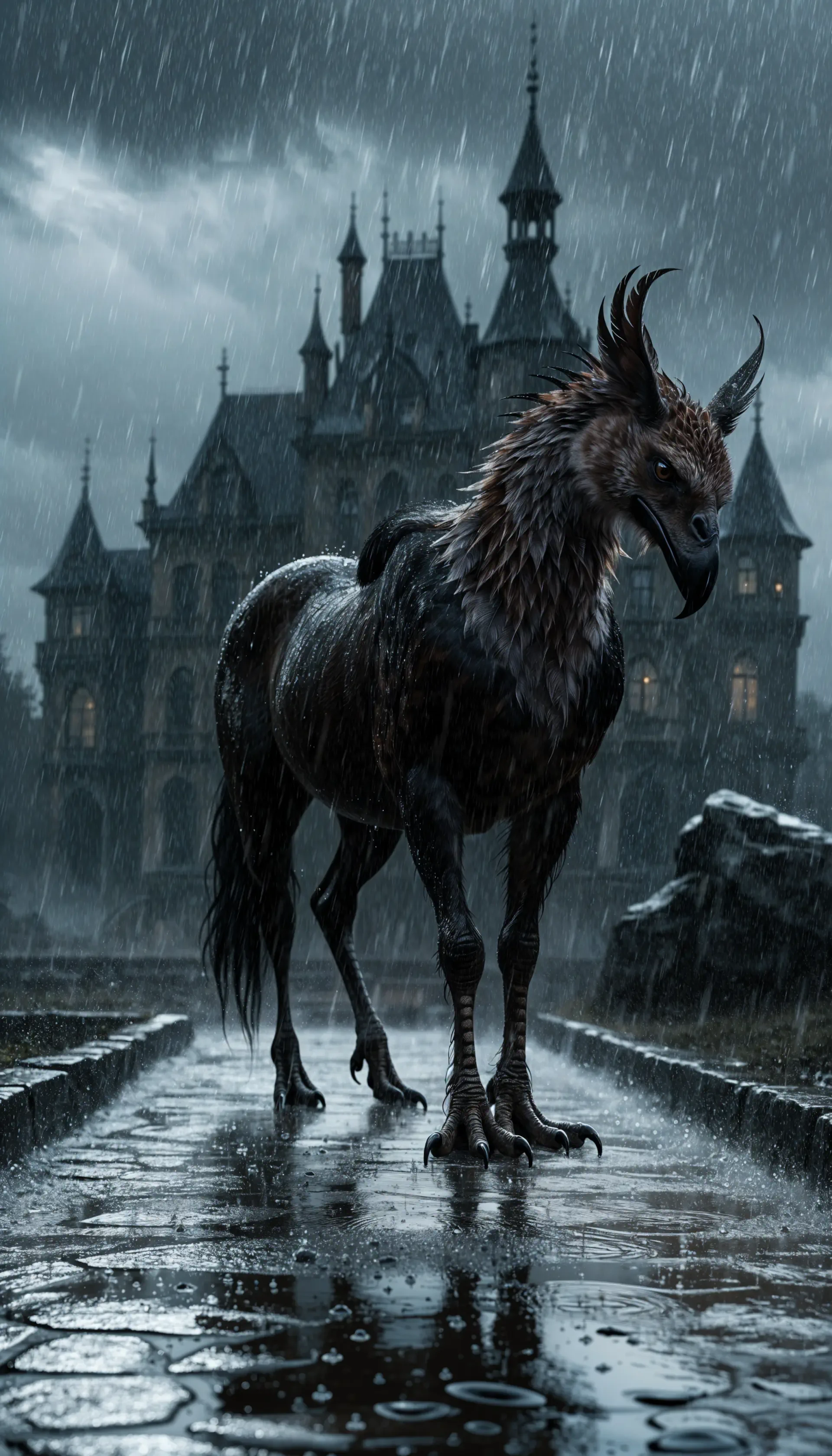 A dark mythical horse stands before a rain-soaked castle in this fantasy iPhone wallpaper featuring unicorn and hippogriff imagery.