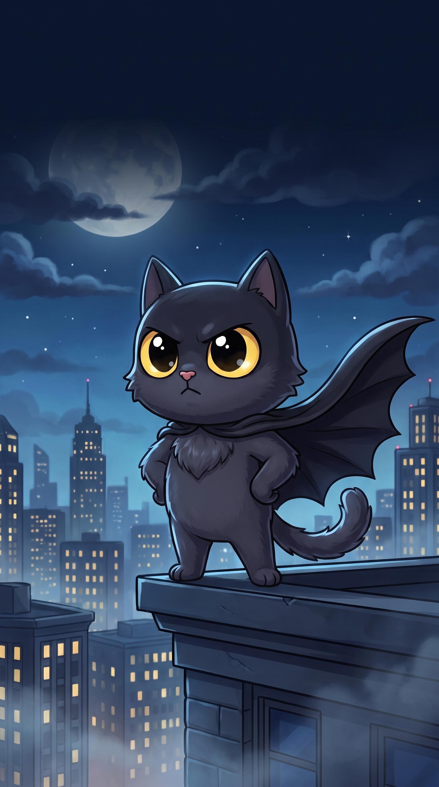 A Batman-inspired cat with bat wings stands on a rooftop beneath a full moon, overlooking Gotham at night; The Dark Knight iPhone wallpaper.