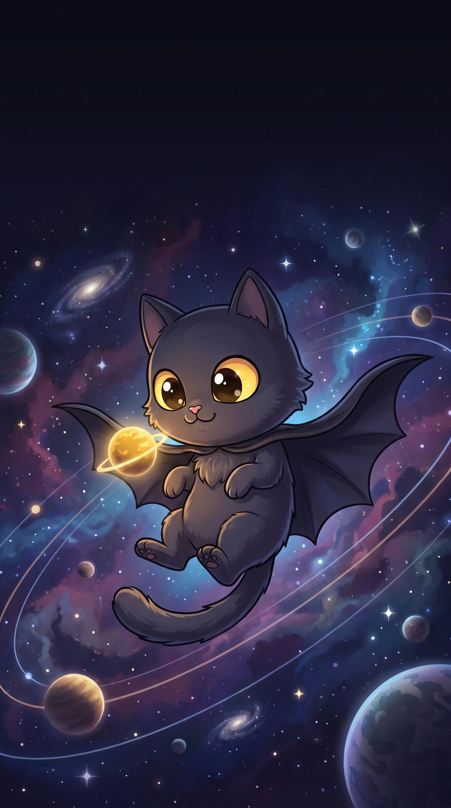 Cute Batman-inspired cat-bat floating through a cosmic galaxy, glowing planet in paw; space-themed iPhone wallpaper.