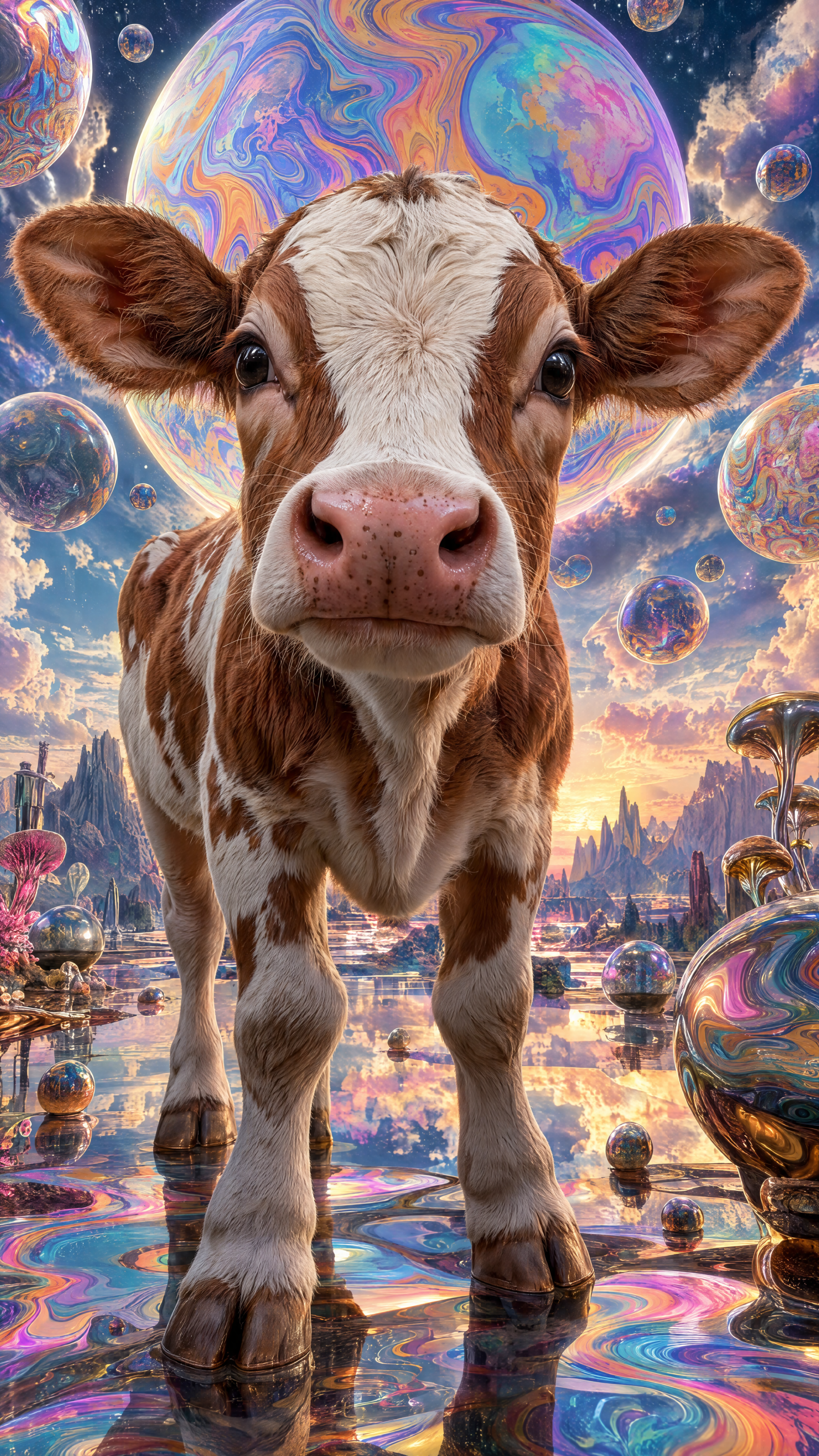 Surreal calf standing in a colorful cosmic landscape, a vivid cow iPhone wallpaper with swirling planets and reflective water.