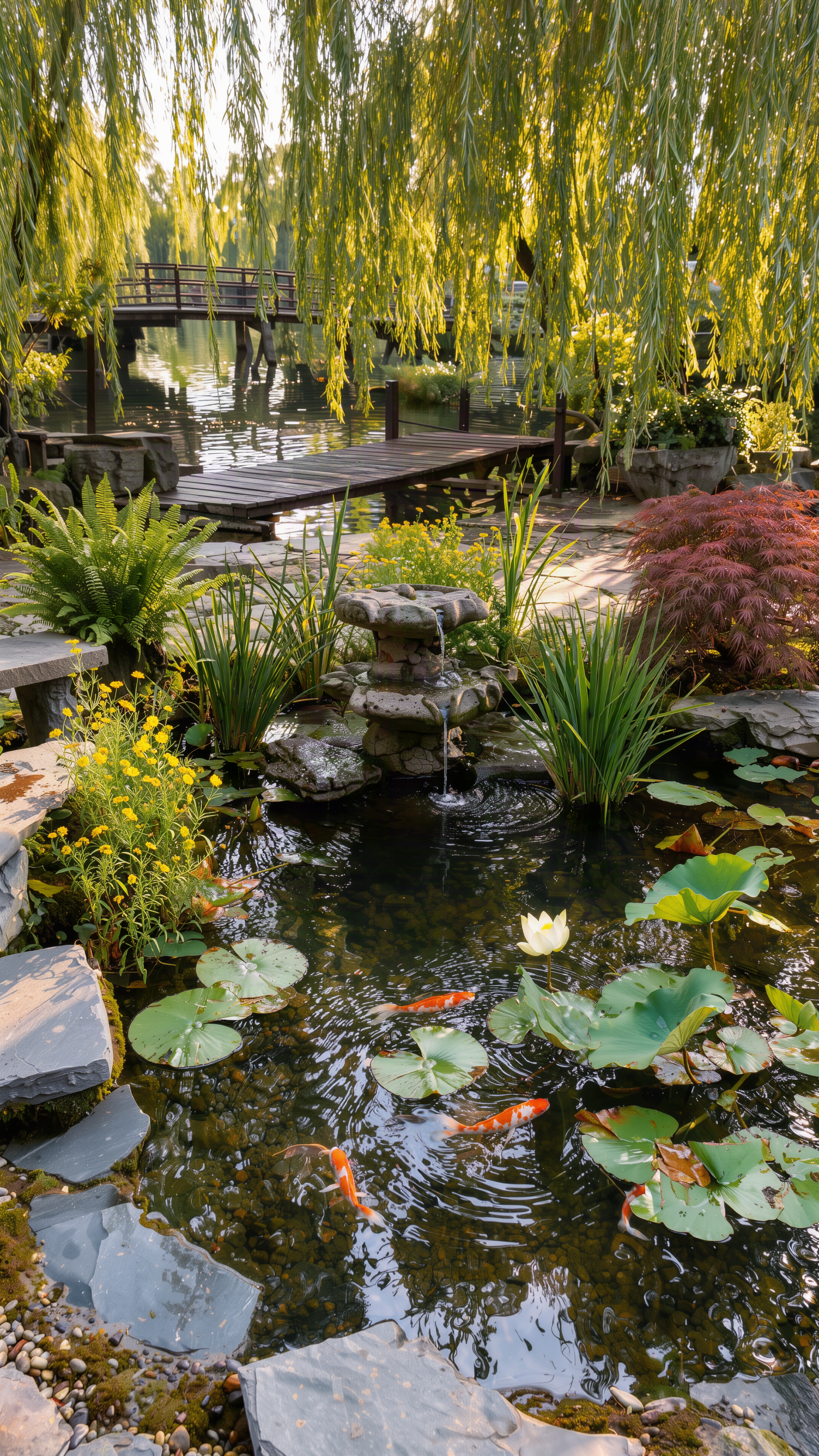 Lush water garden pond with koi swimming among water lilies beneath willow trees, vertical iPhone wallpaper.