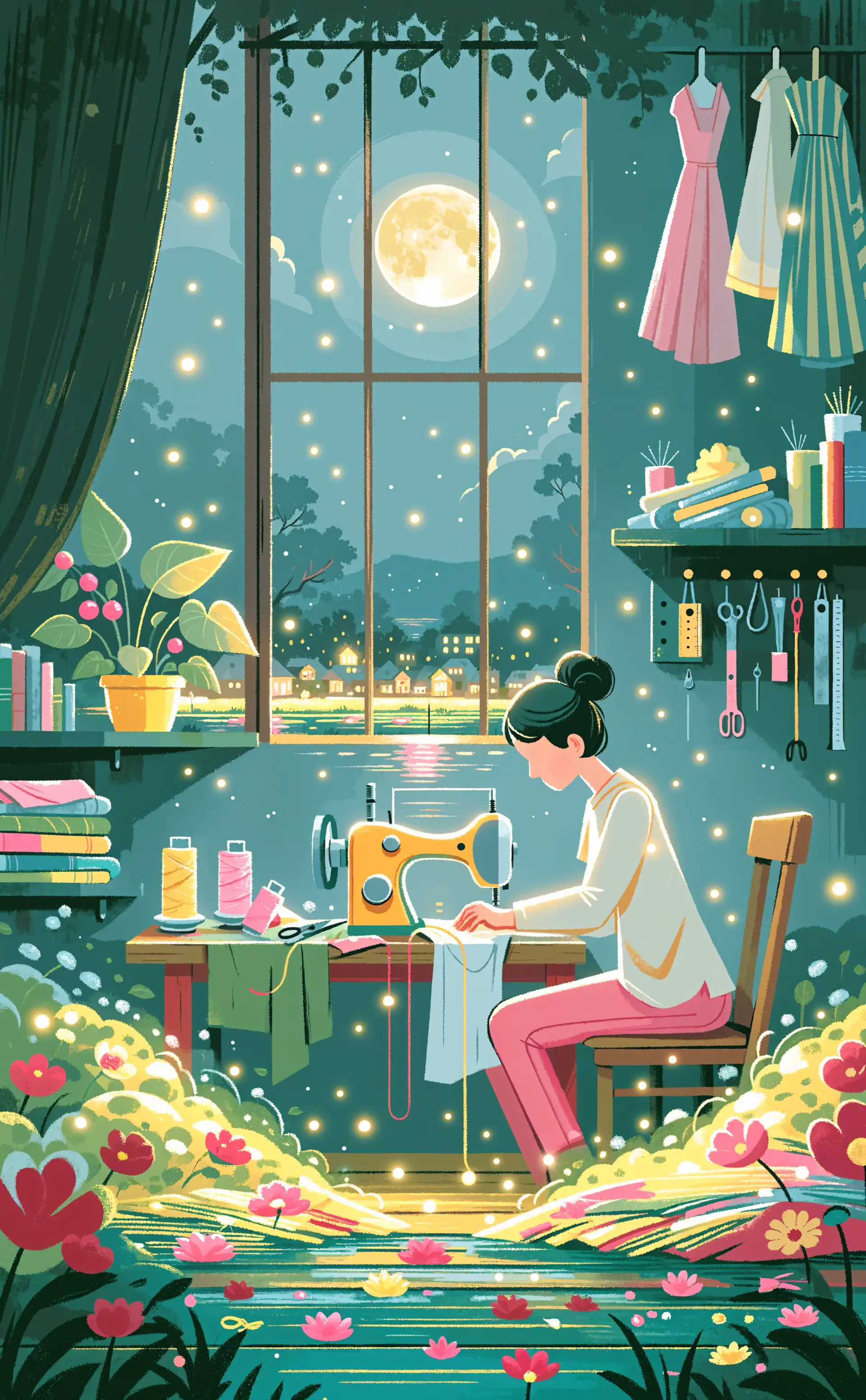 Illustrated iPhone wallpaper of a woman sewing at a sewing machine in a moonlit, flower-filled studio.