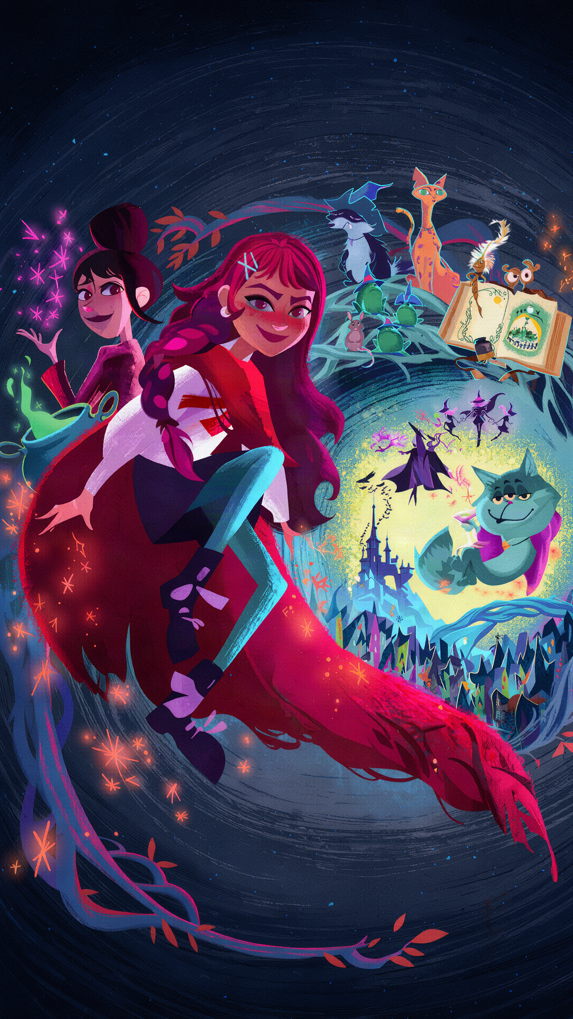 Disney Hexed cartoon girls with vivid magical creatures and swirling fantasy art, vertical iPhone wallpaper.