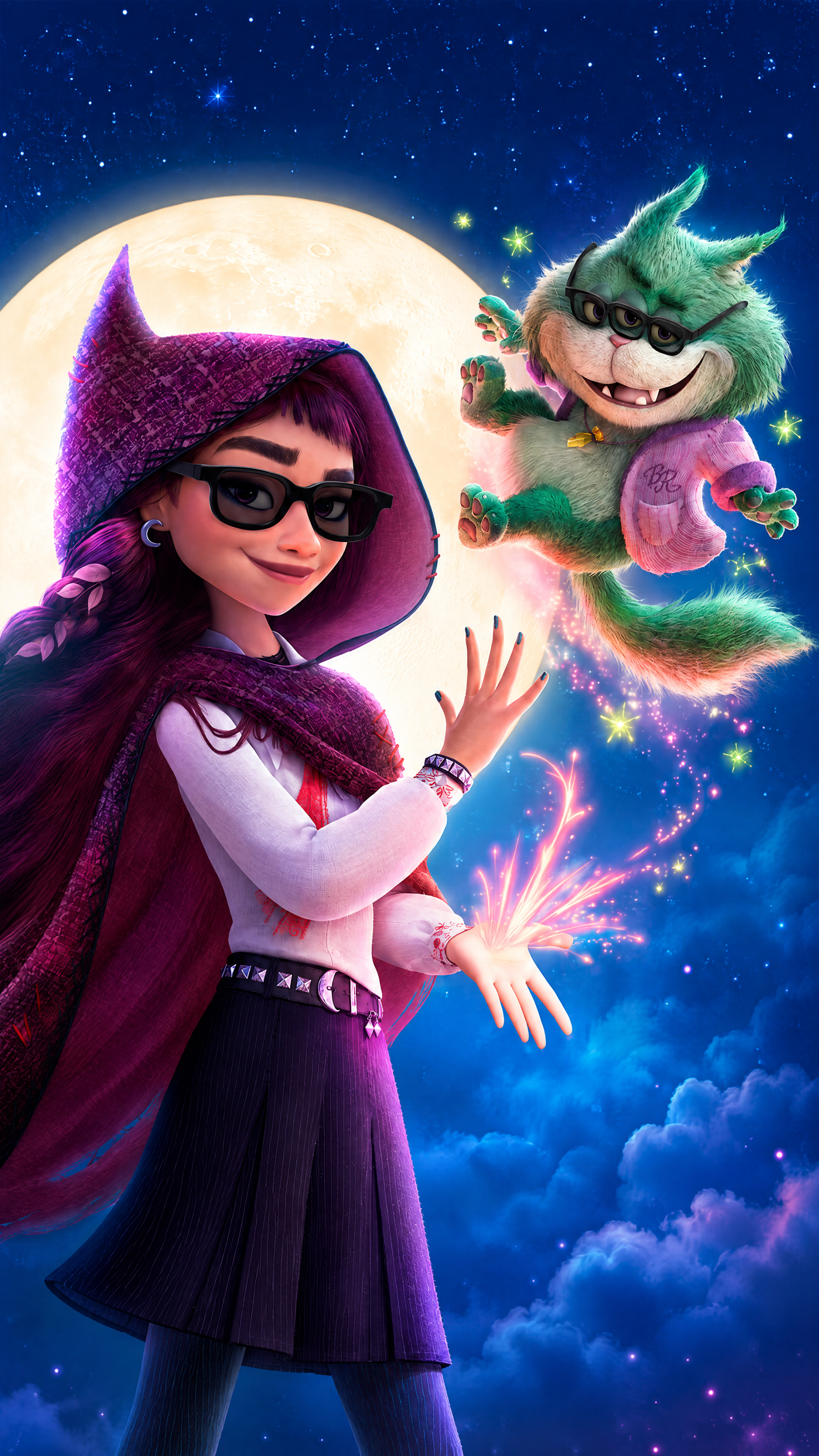 Disney Hexed girl casting sparkling magic beside a flying troll in a starry night sky, phone wallpaper.