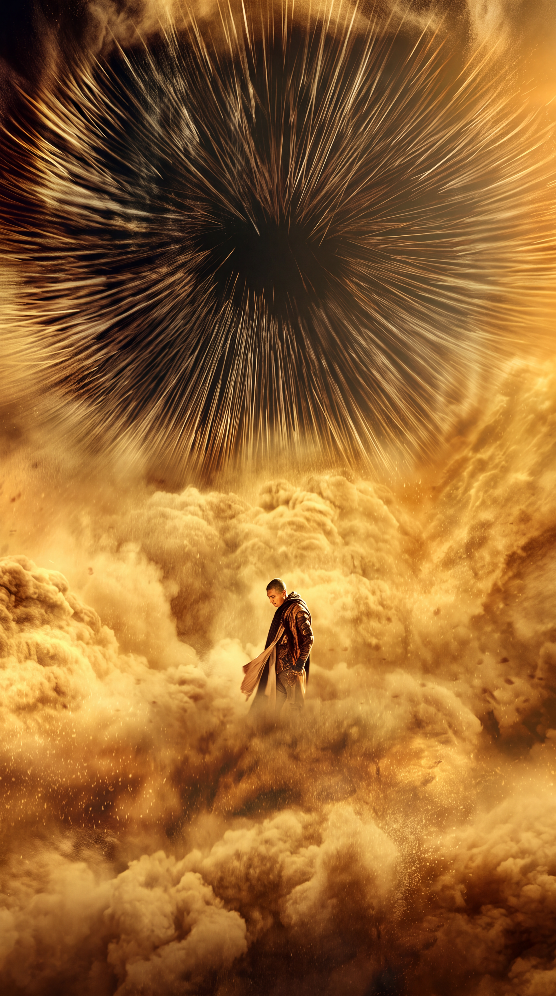 Dune: Part Three iPhone wallpaper showing a lone man amid golden clouds beneath a dramatic dark sunburst.