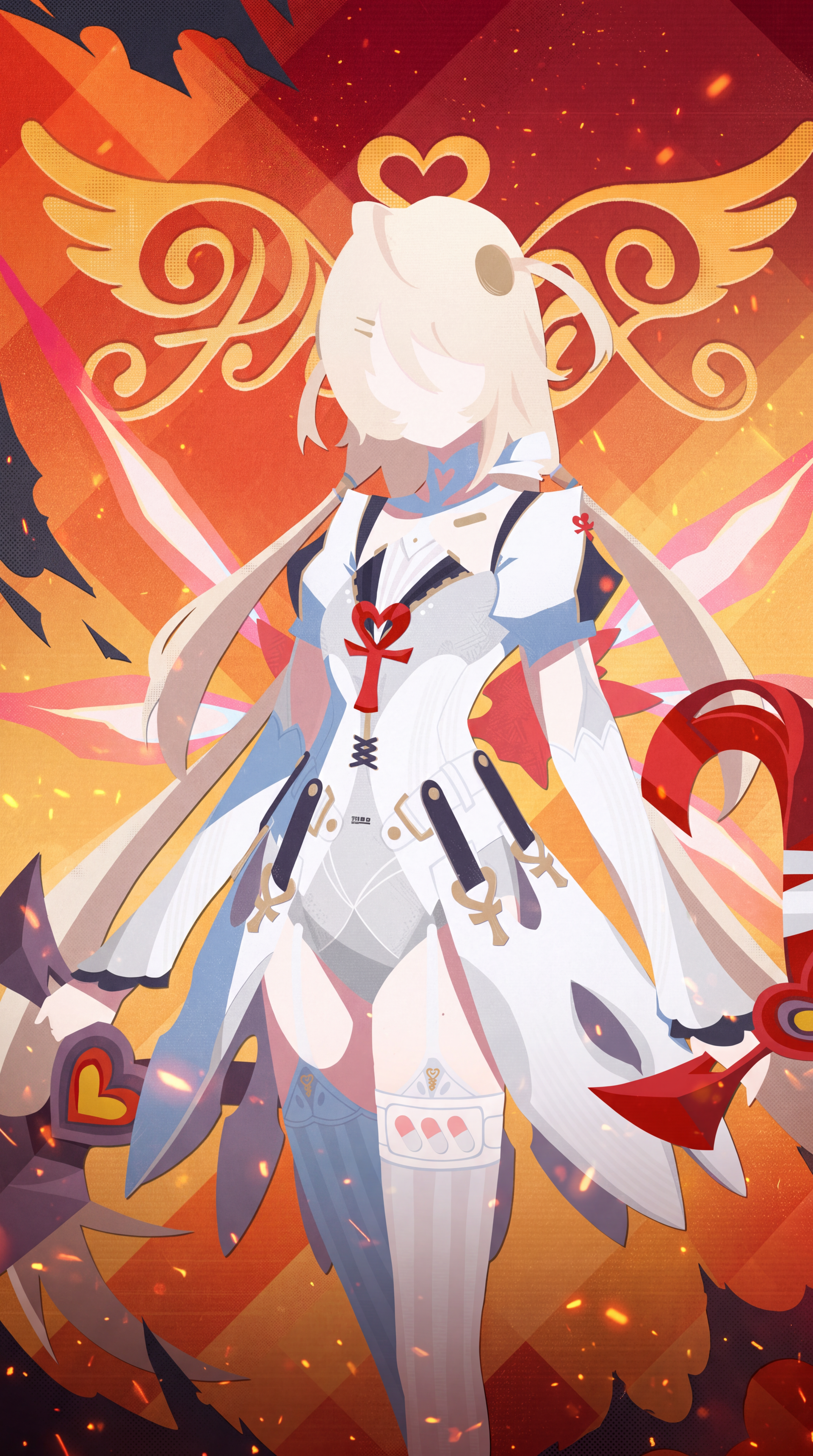 Phoenix from Zenless Zone Zero in a white outfit against a fiery winged backdrop, anime girl phone wallpaper.