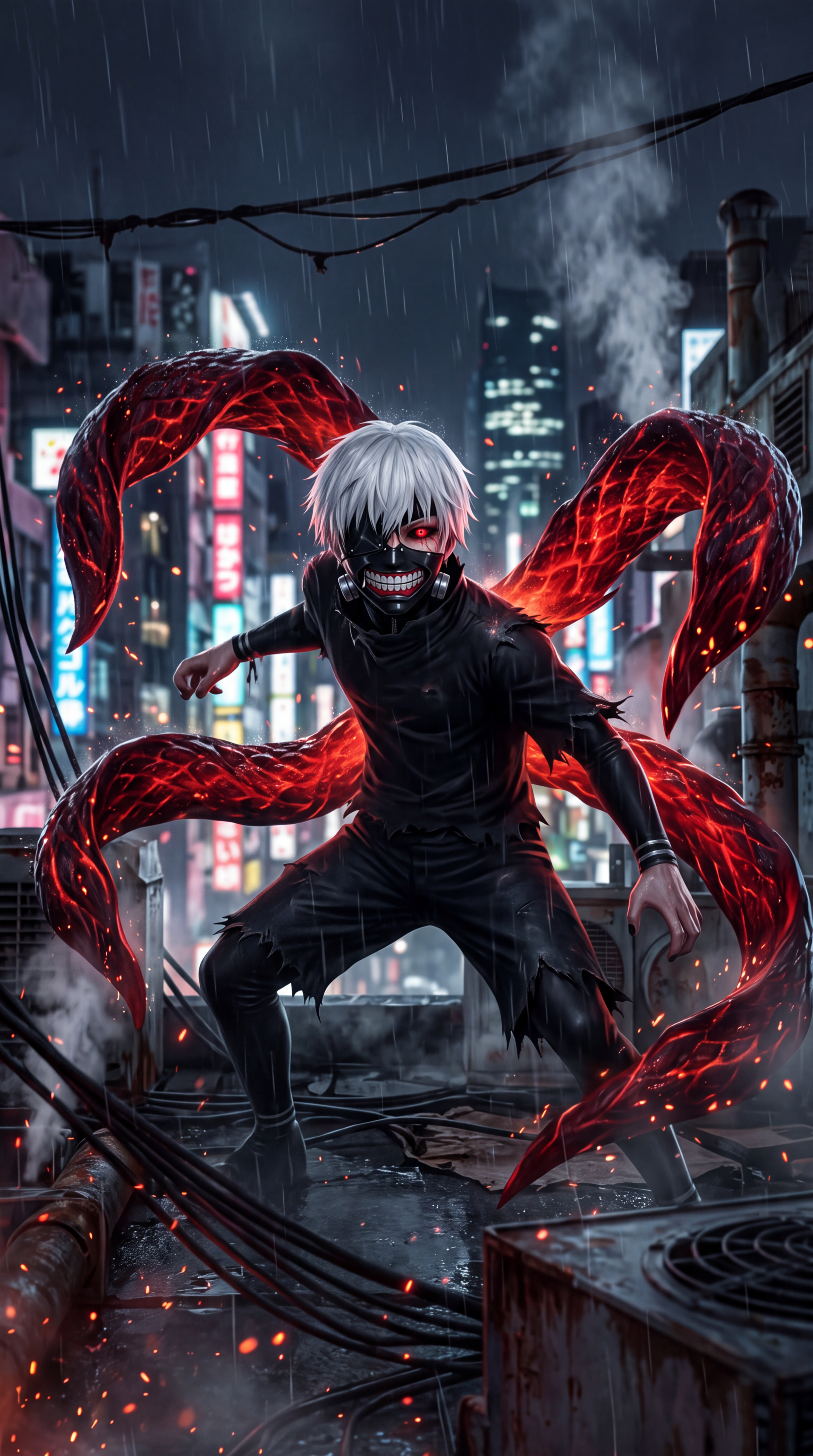 Ken Kaneki with red tentacles in a rainy Tokyo cityscape, Tokyo Ghoul anime iPhone wallpaper.