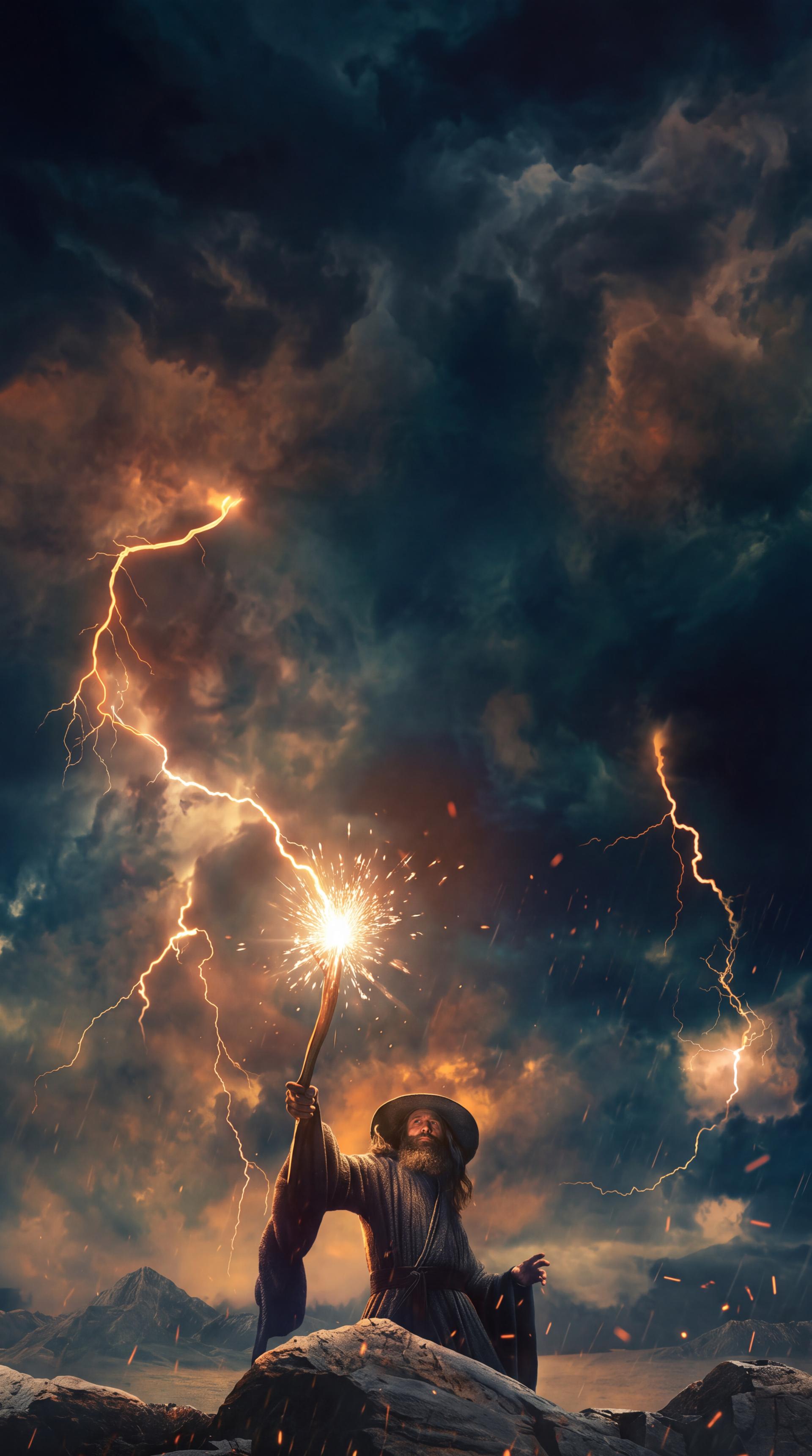 Gandalf summons lightning beneath a stormy sky in The Lord of the Rings: The Rings of Power, cinematic warrior phone wallpaper.