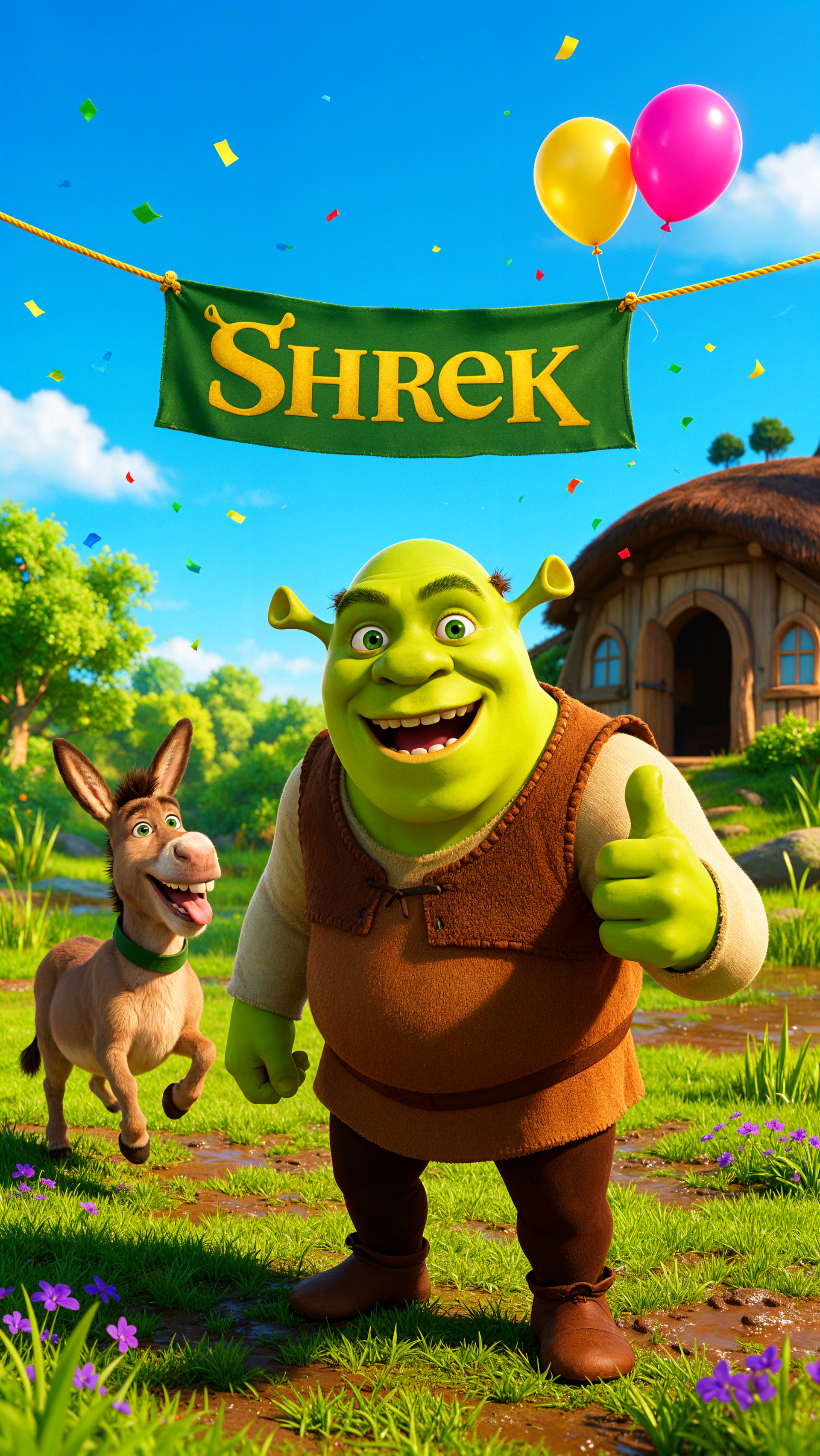 Shrek and Donkey celebrate beneath a Shrek banner in a colorful iPhone wallpaper.