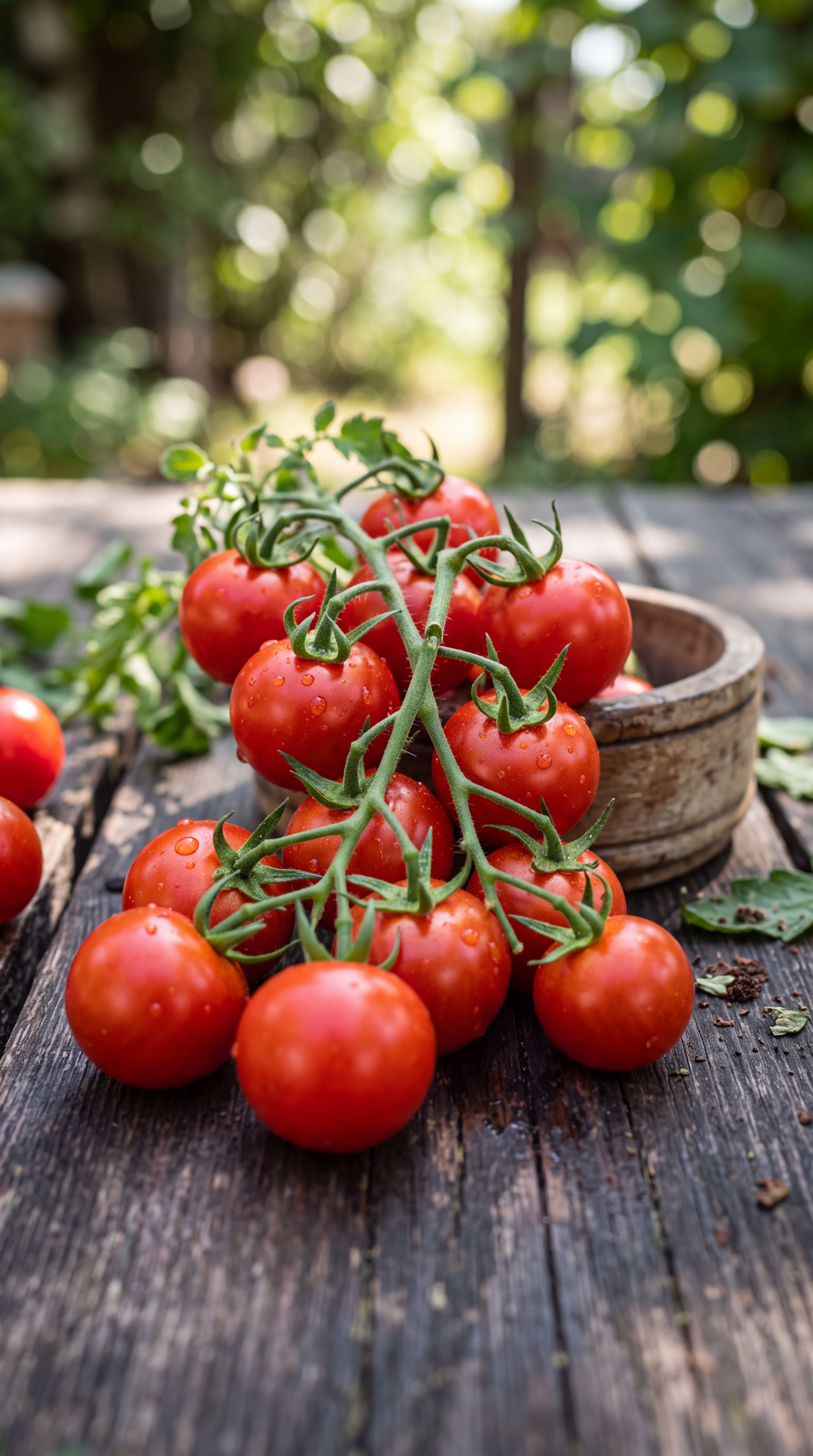 Ripe cherry tomatoes on a green vine arranged on a rustic table, with a soft garden backdrop; tomato iPhone wallpaper.