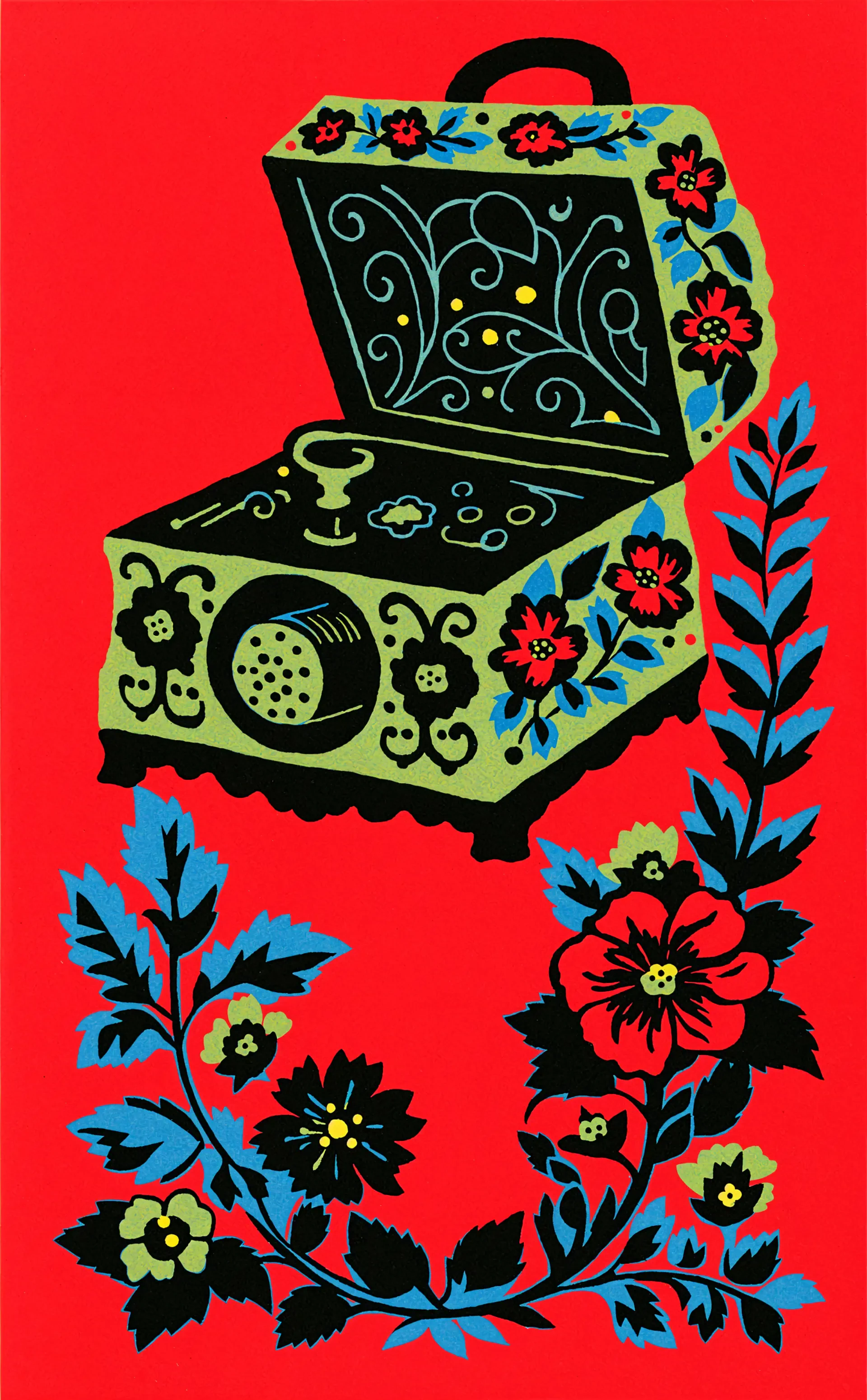 Folk art iPhone wallpaper featuring a floral sewing machine music box on a vivid red background.