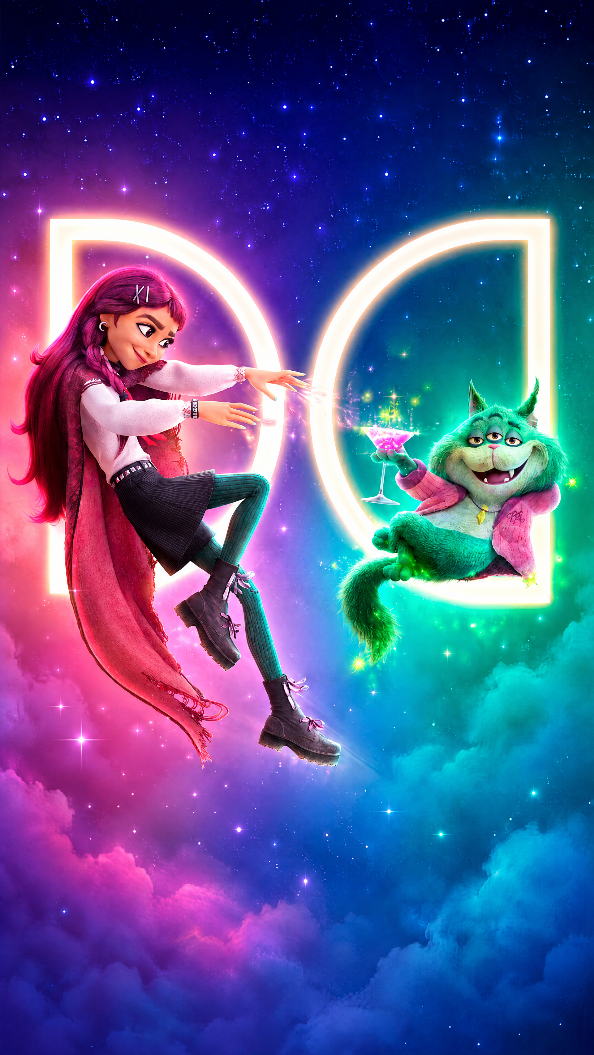 Disney Hexed cartoon girl and a playful green creature float among glowing shapes and stars in this colorful iPhone wallpaper.