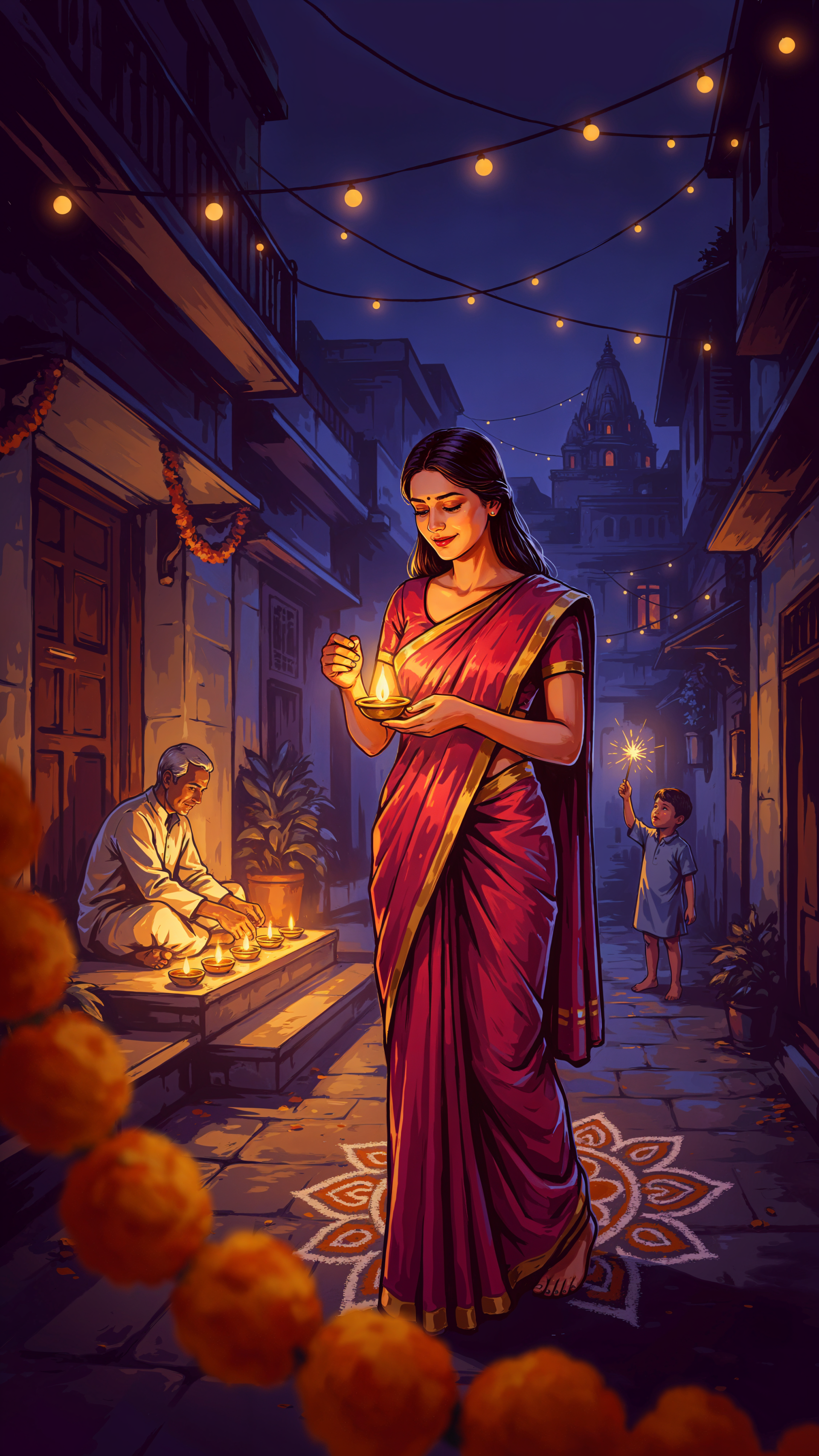 Diwali iPhone wallpaper of a woman in a magenta sari holding a glowing diya on a lantern-lit street.