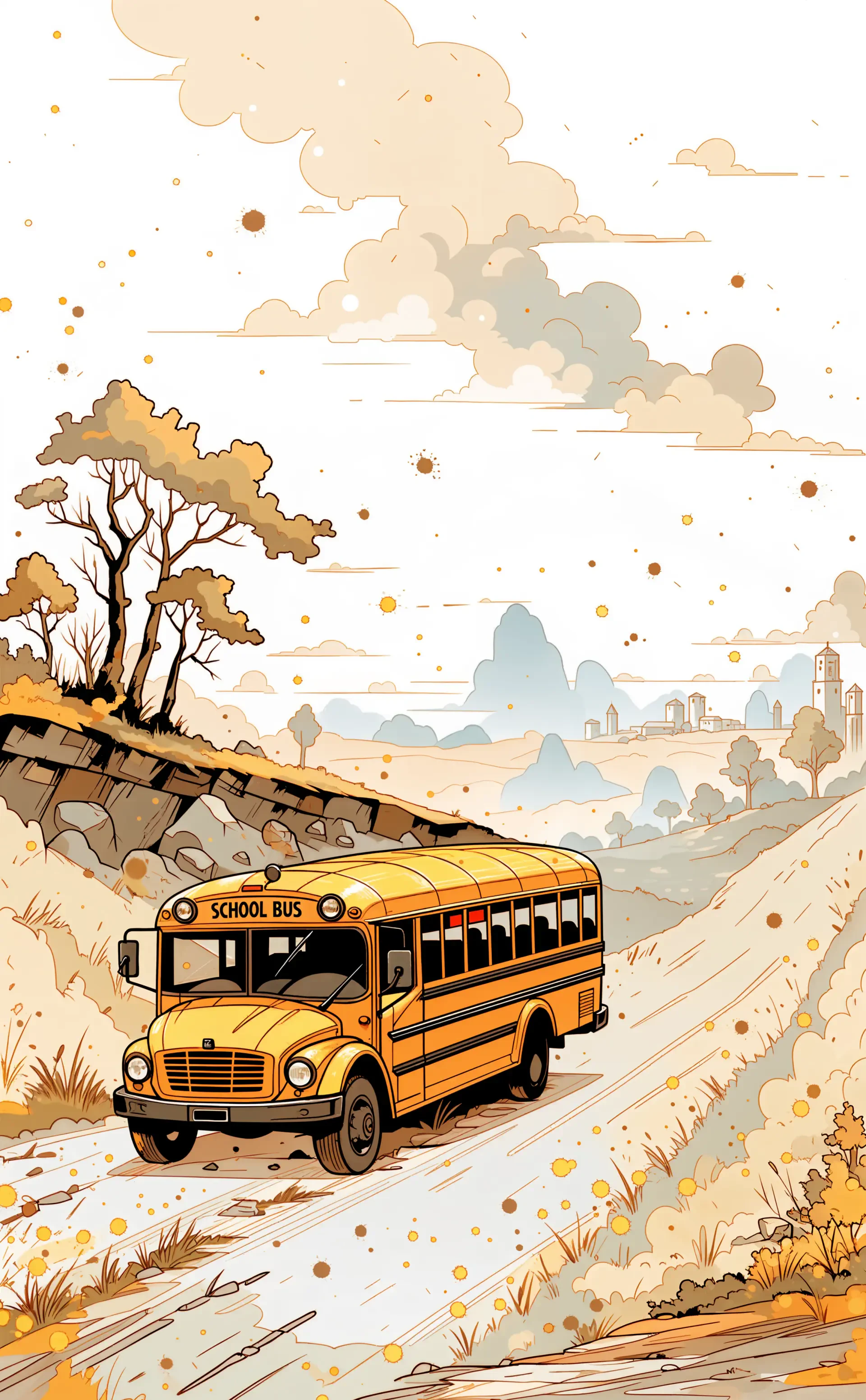 Illustrated yellow school bus traveling along a dusty country road, framed by autumn hills and clouds; vertical iPhone wallpaper.