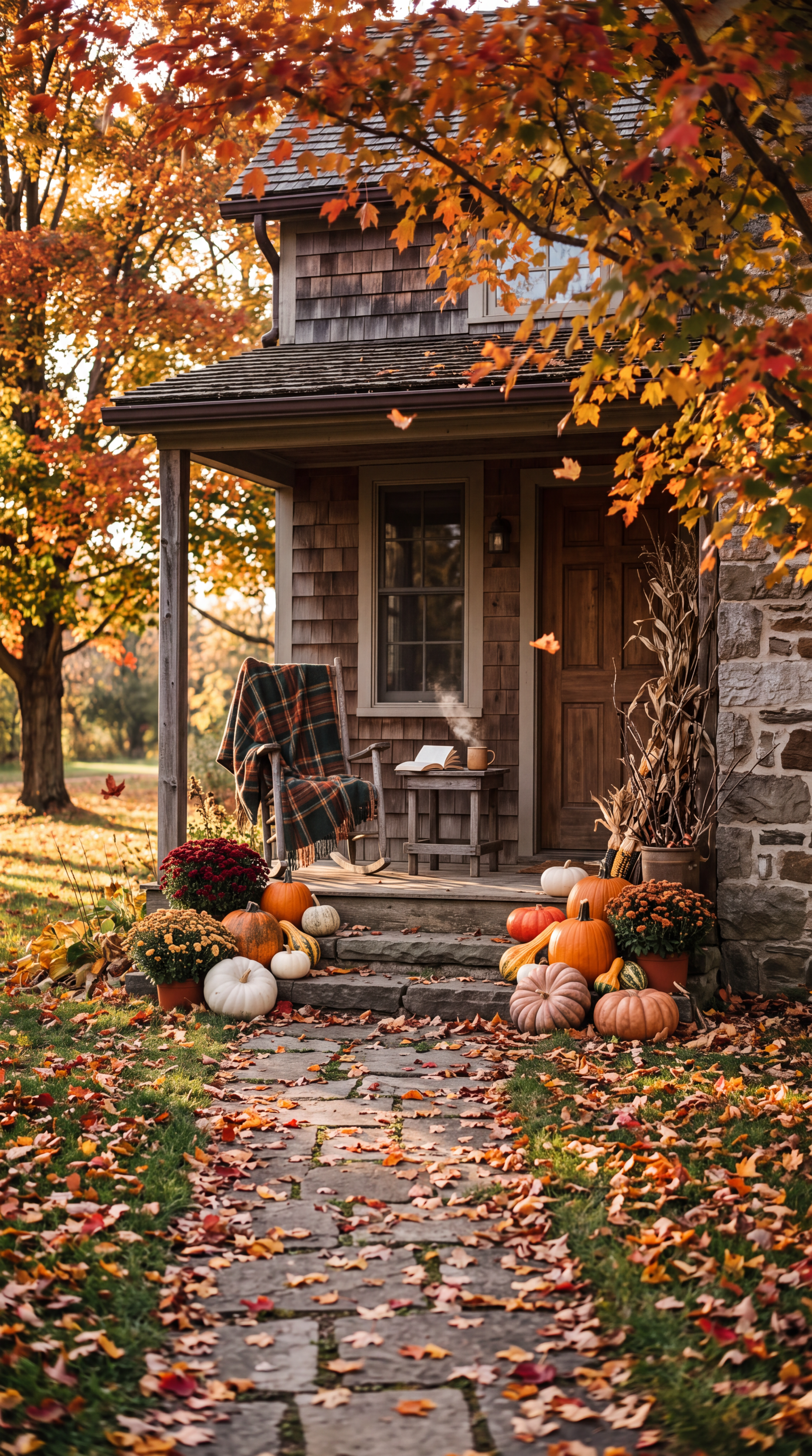 Autumn aesthetic iPhone wallpaper of a cozy house porch decorated with pumpkins beneath vibrant orange fall leaves.