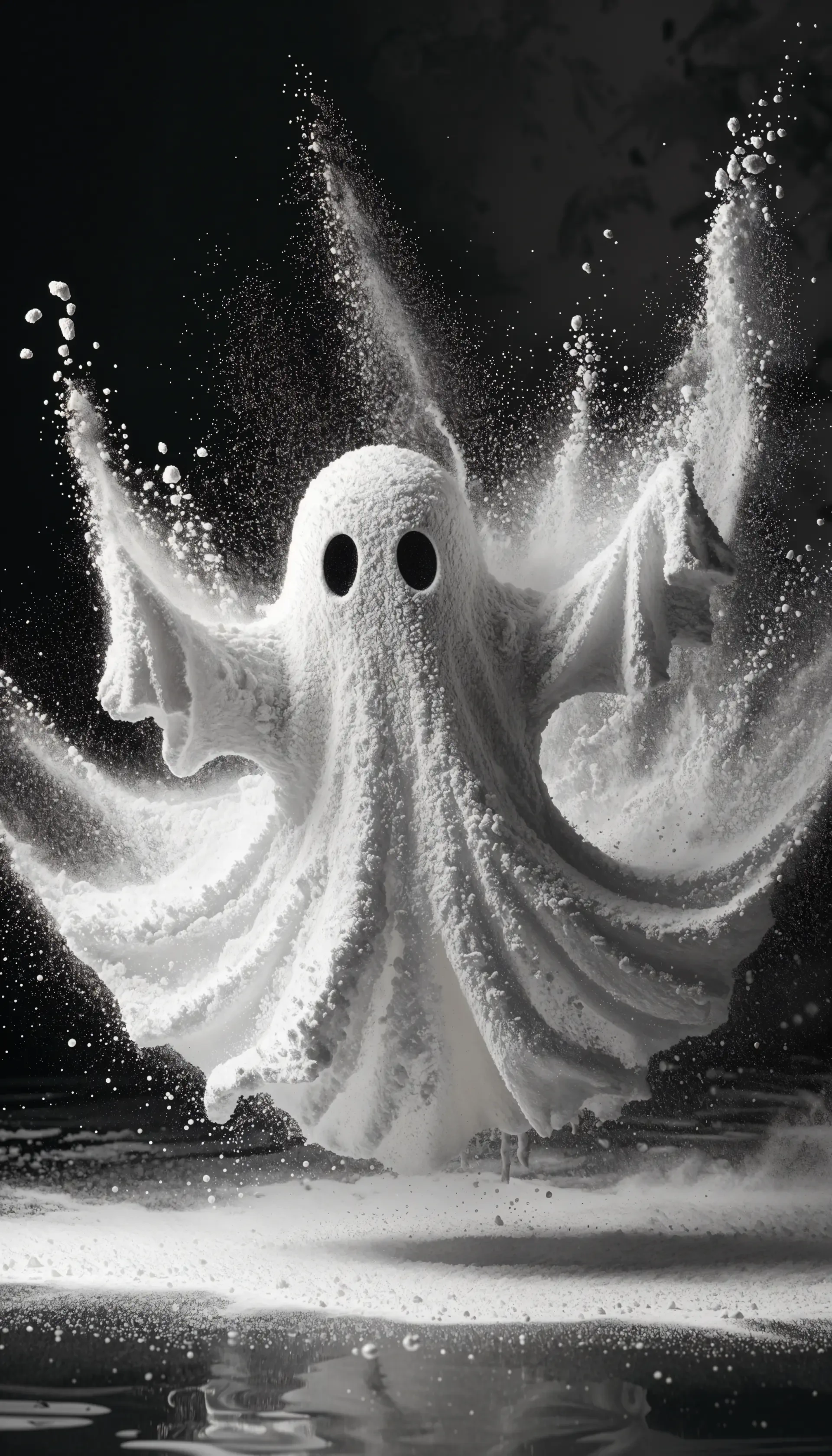 Cute white ghost floating through a dramatic spray of powder in a black-and-white Halloween iPhone wallpaper.
