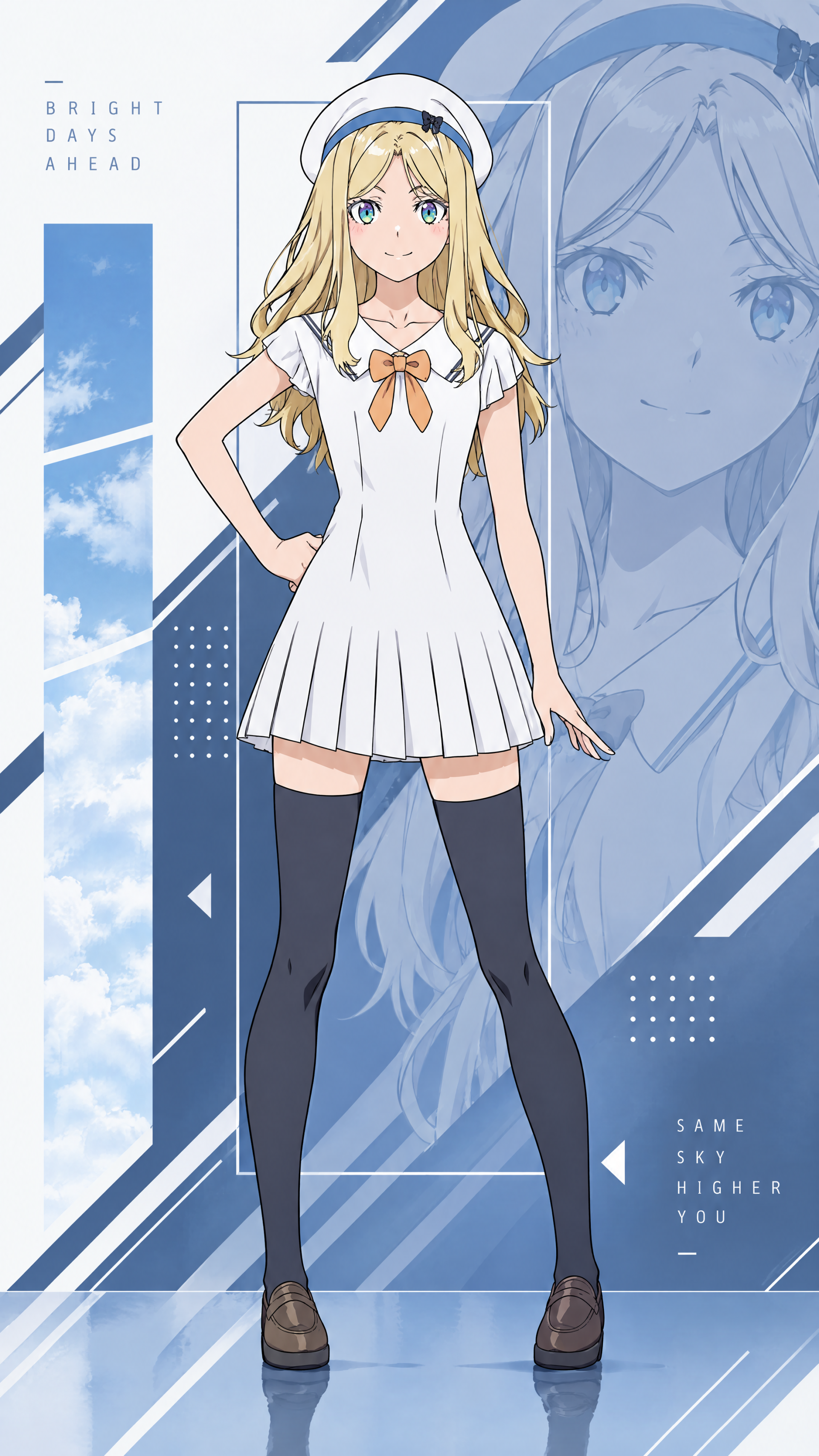 Frenda Seivelun in a white dress and beret, featured in a blue geometric Toaru Anbu no ITEM anime girl iPhone wallpaper.