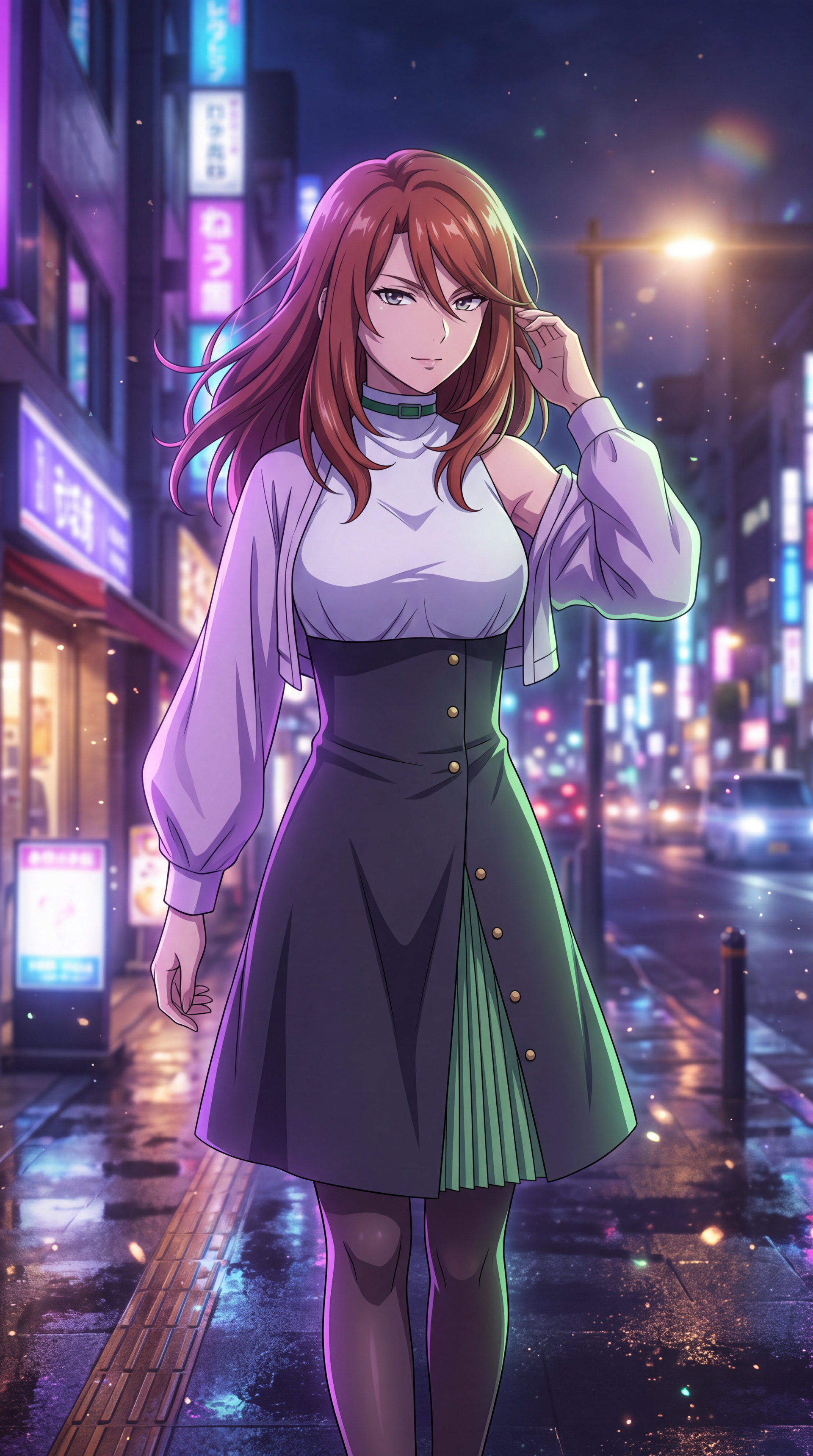 Shizuri Mugino from Toaru Anbu no ITEM in a stylish outfit on a neon-lit city street, anime iPhone wallpaper.