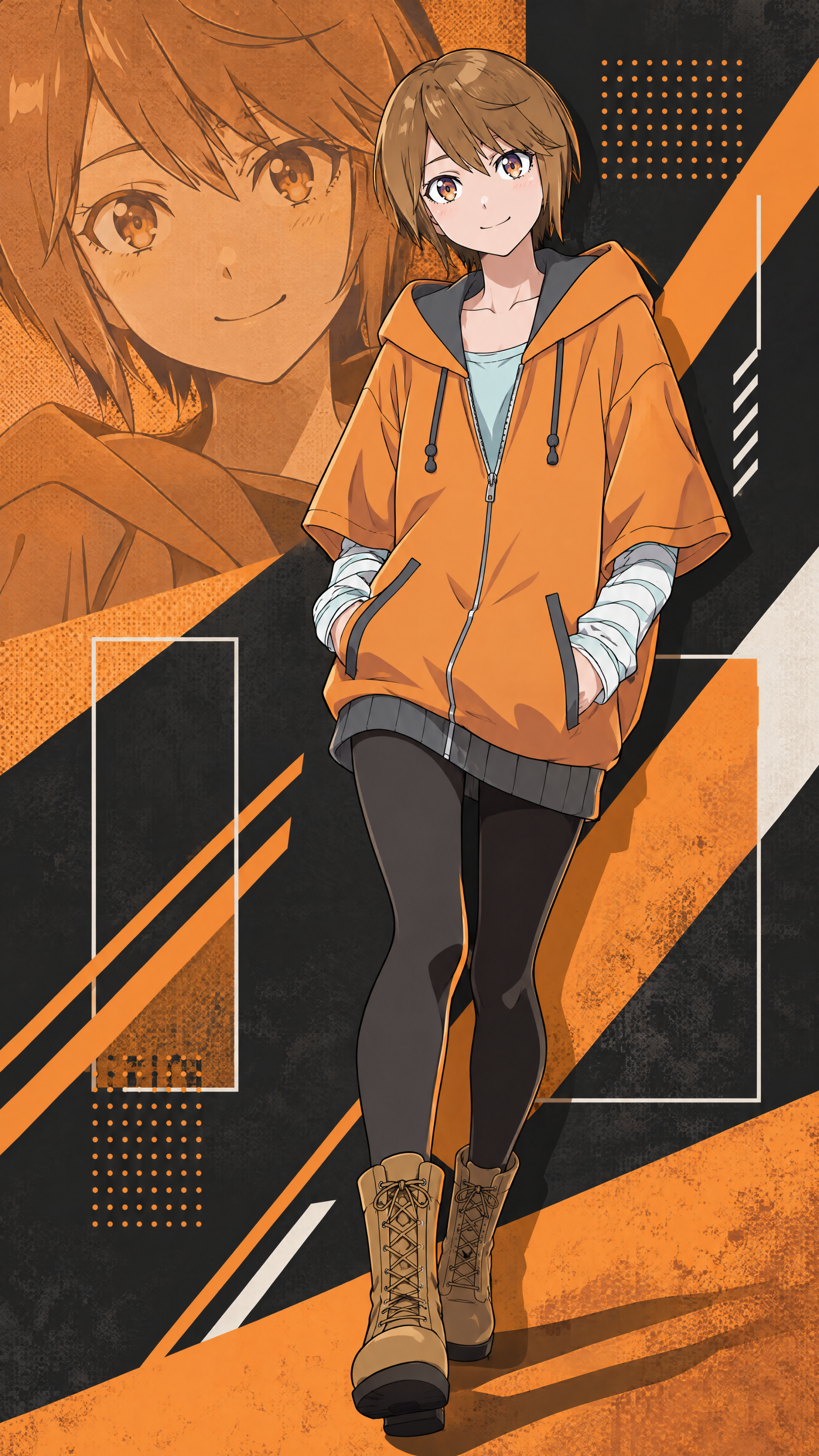 Saiai Kinuhata from Toaru Anbu no ITEM in an orange hoodie, featured in a bold anime phone wallpaper.