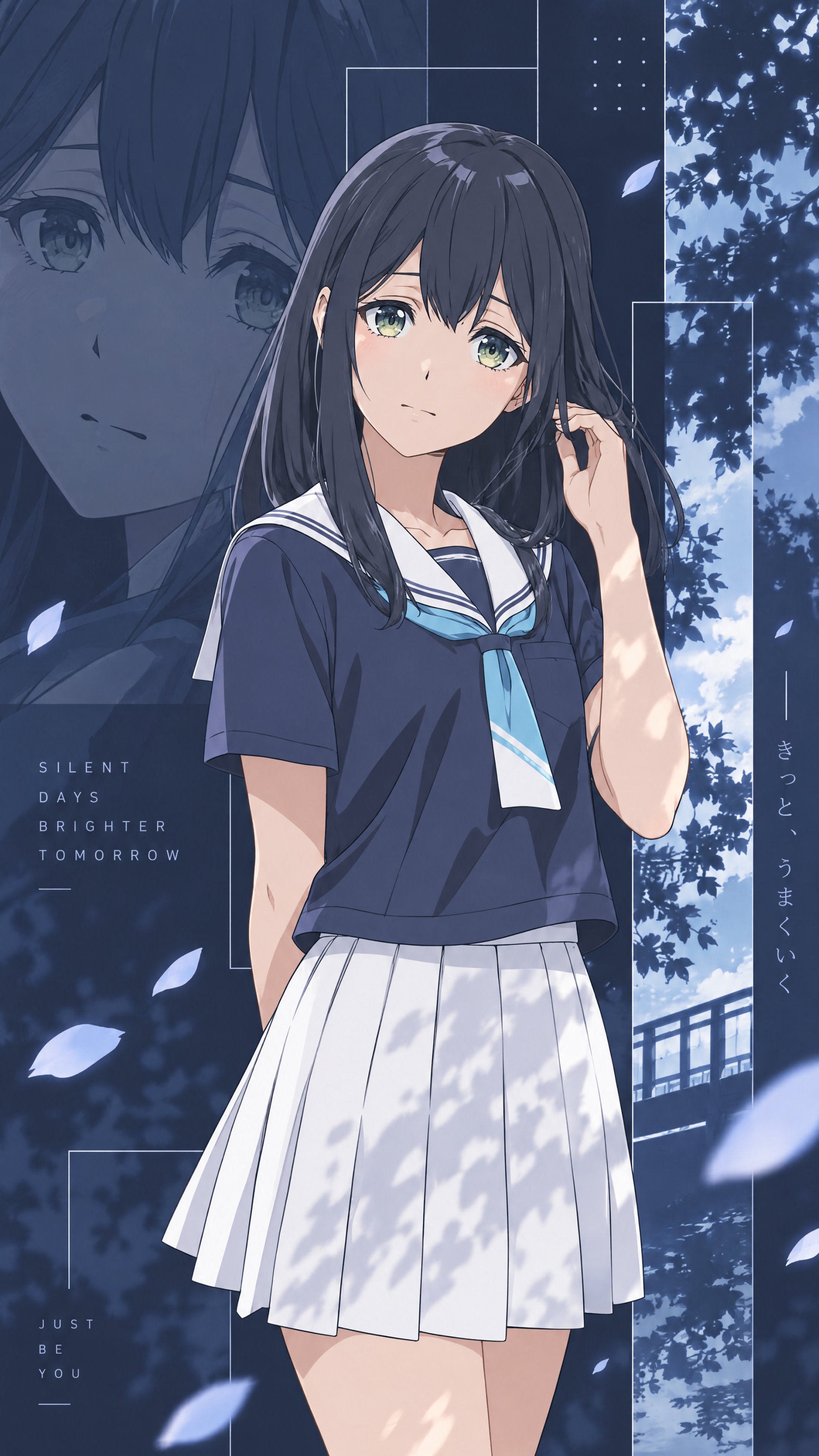 Choumi Hanano from Toaru Anbu no ITEM in a sailor-style school uniform, framed by blue petals in a vertical iPhone wallpaper.