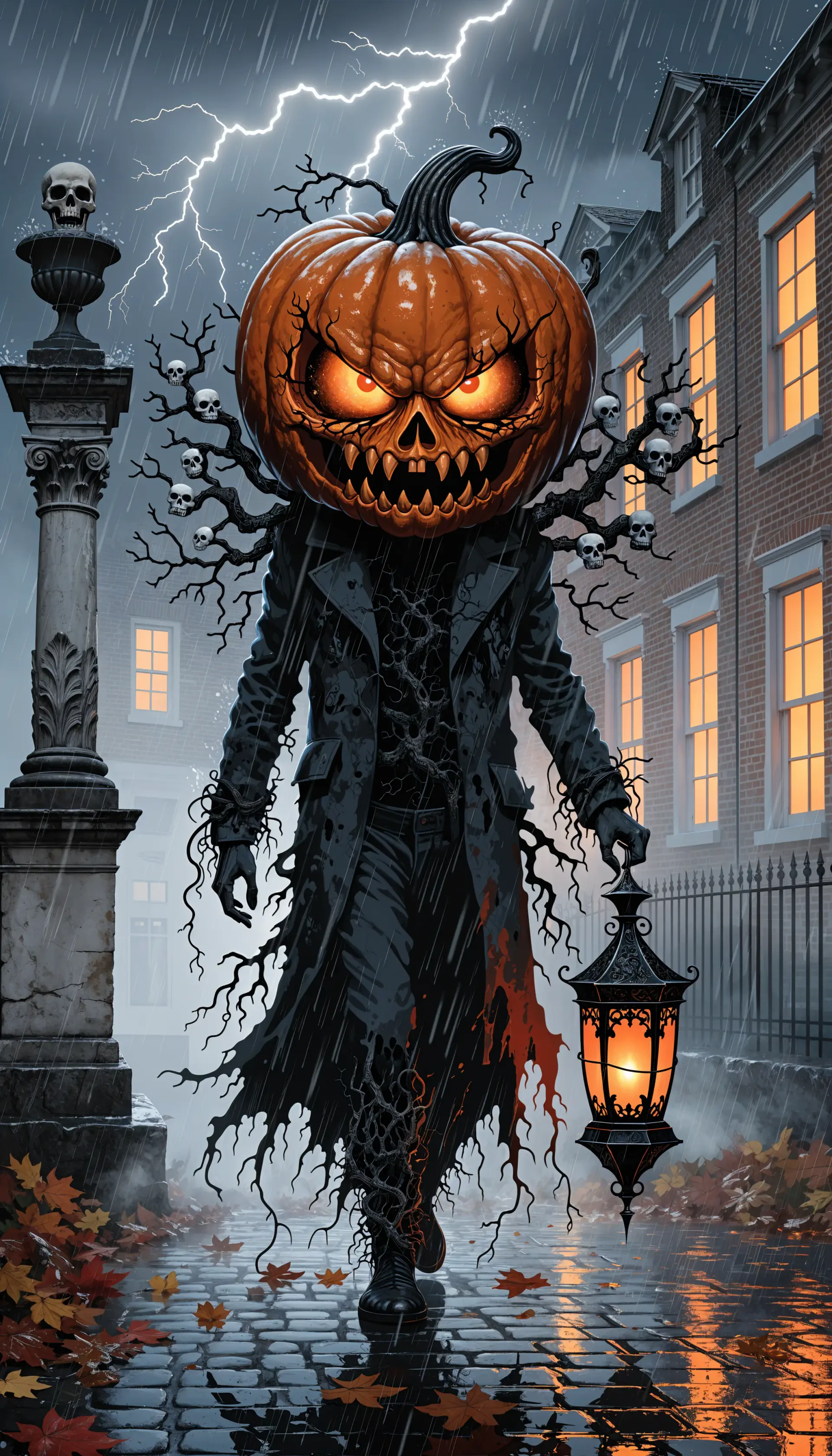 Dark Halloween iPhone wallpaper featuring a menacing jack-o’-lantern-headed horror figure in a rain-soaked, lightning-lit street.