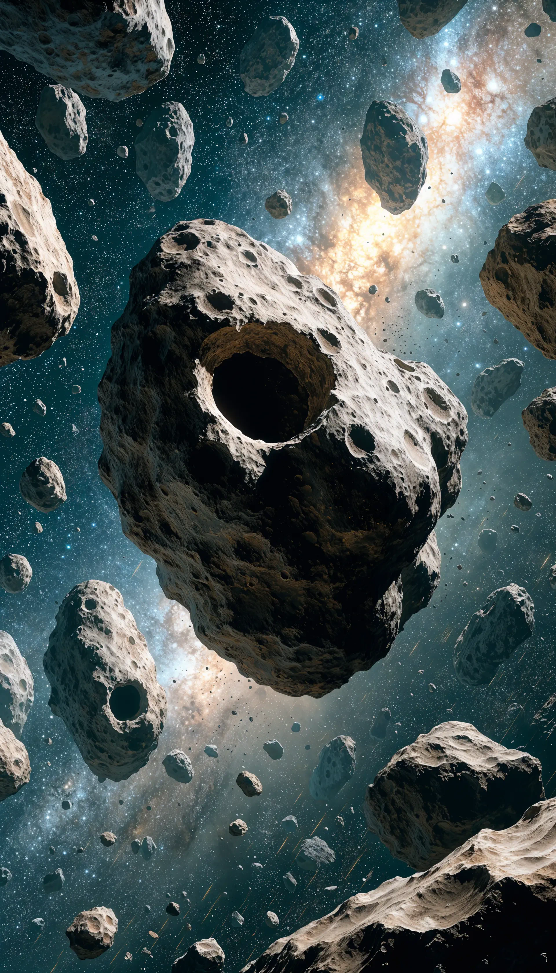 Asteroid belt with massive rocky asteroids drifting through a glowing starfield, vertical space wallpaper for iPhone.