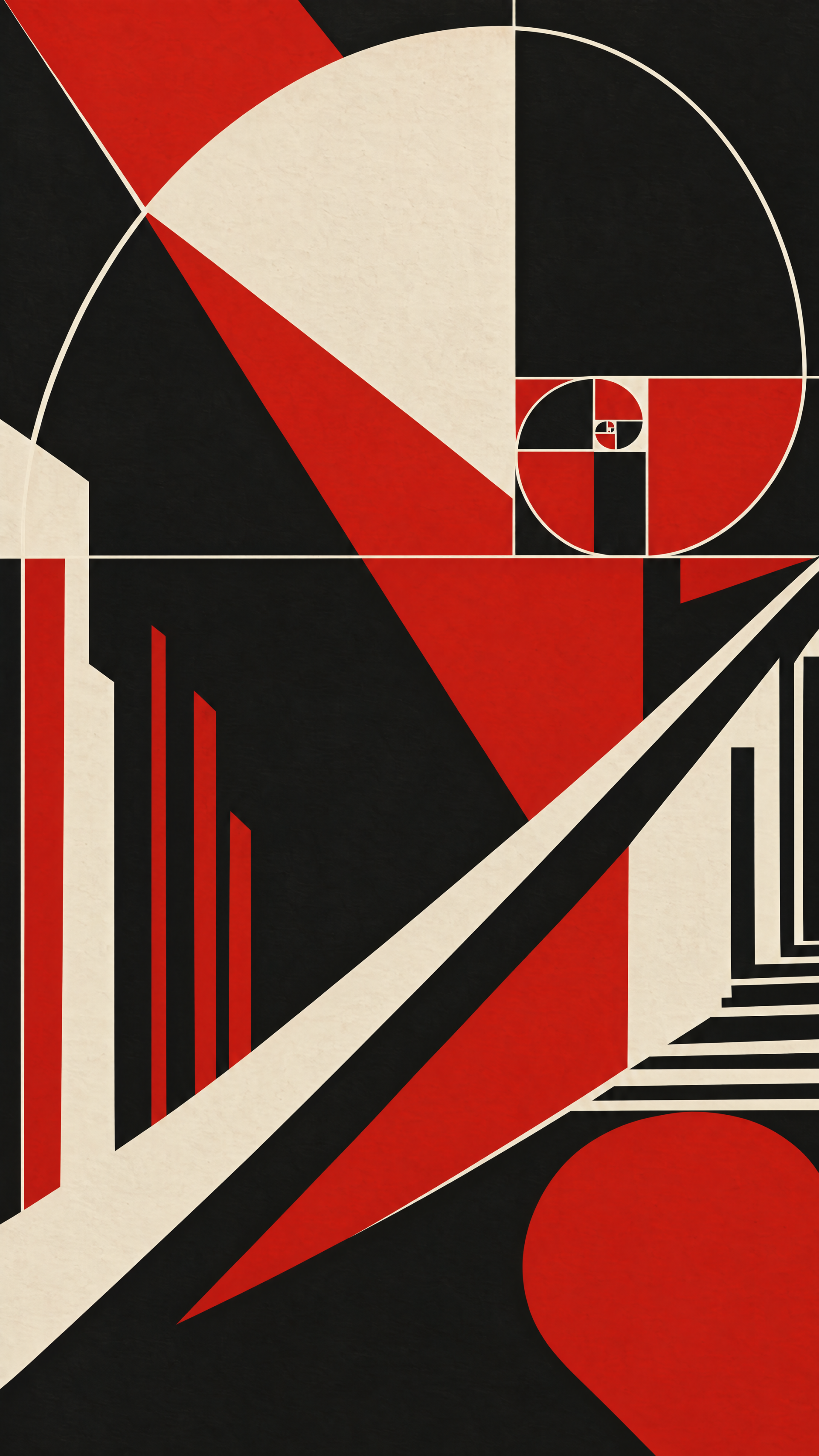 Red, black, and cream Art Deco iPhone wallpaper with an abstract Fibonacci spiral and bold geometric patterns.