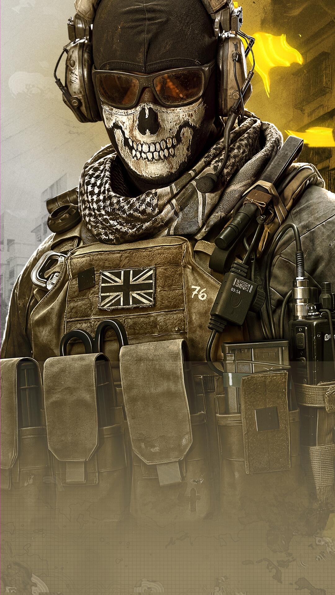 Ghost from Call of Duty: Modern Warfare 4 in tactical gear and a skull mask, featured on a dramatic iPhone wallpaper.