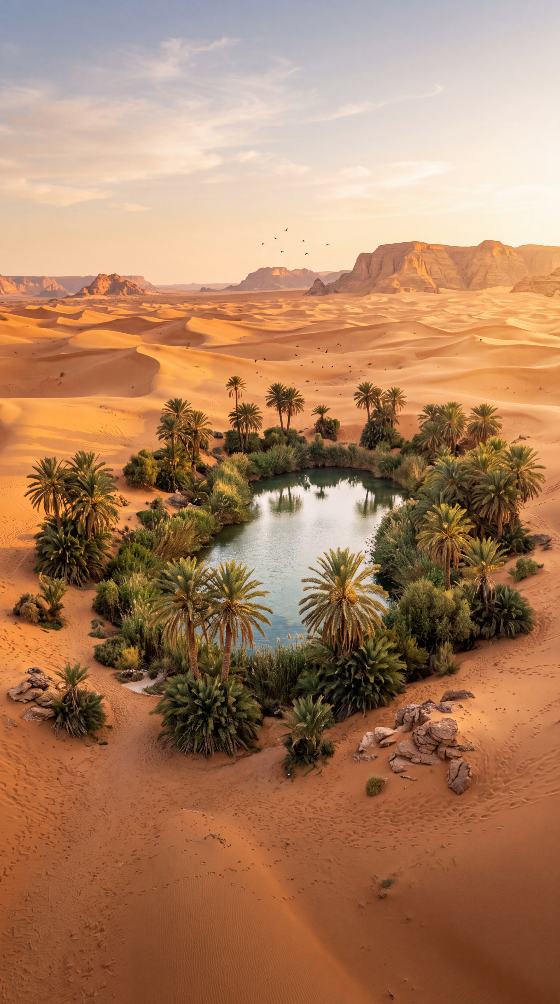 A lush desert oasis with a reflective pool and palm trees amid golden dunes, framed as an iPhone wallpaper.